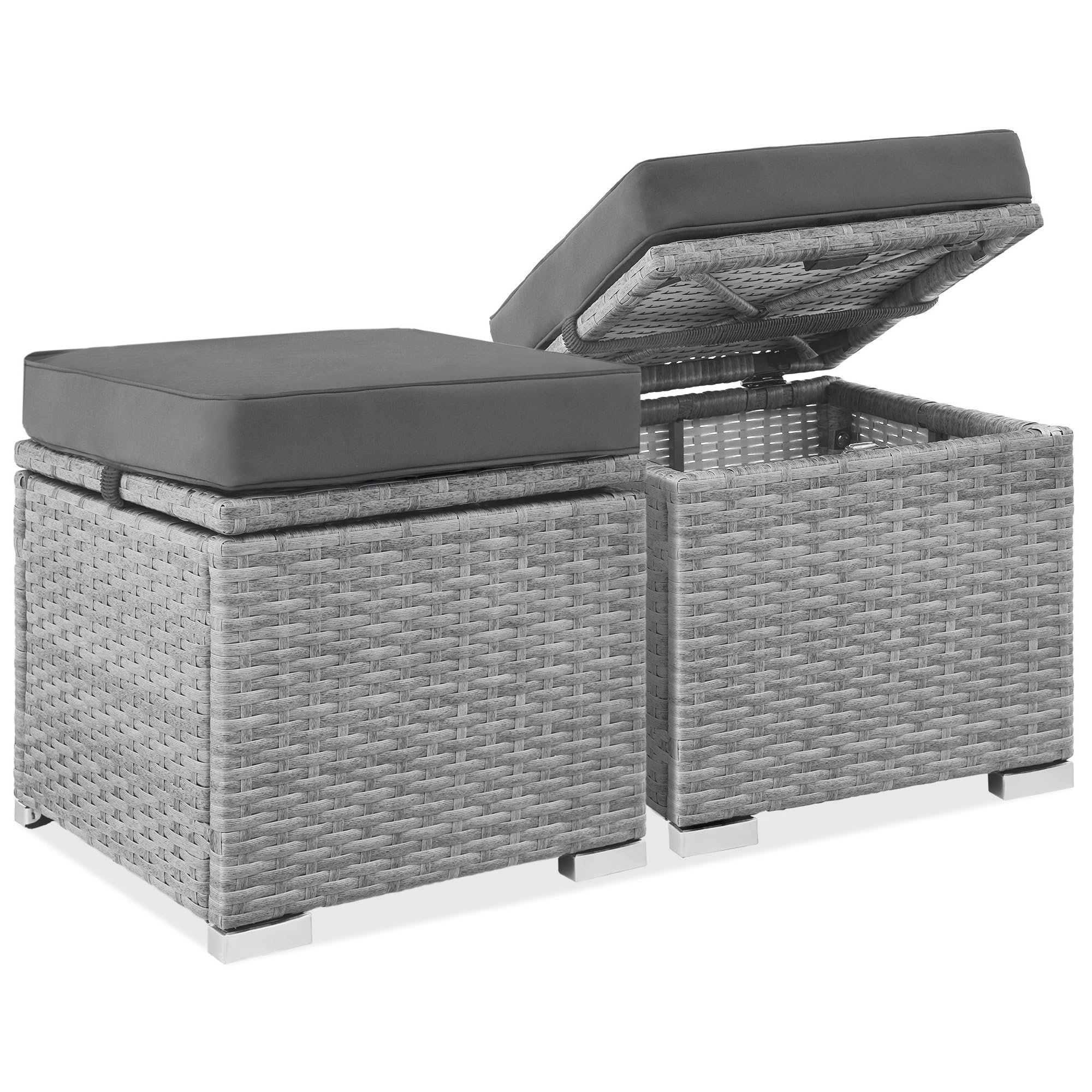 Best Choice Products Set of 2 Wicker Ottomans, Multipurpose Outdoor Furniture for Patio, Backyard, Additional Seating, Footrest, Side Table w/Storage, Removable Cushions - Brown/Beige