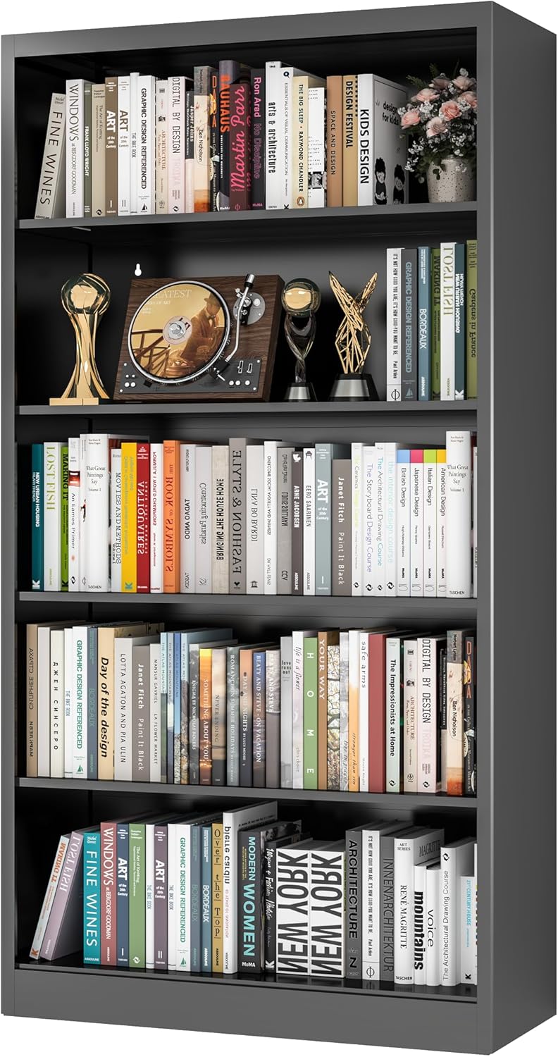 VASAAOSD 66" Tall Metal Bookcase, 5 Shelf Black Bookcase with Adjustable Shelves, Large Bookshelves and Bookcases, Modern Book Shelf Storage Organizer for Living Room, Home Office, Library (Black)