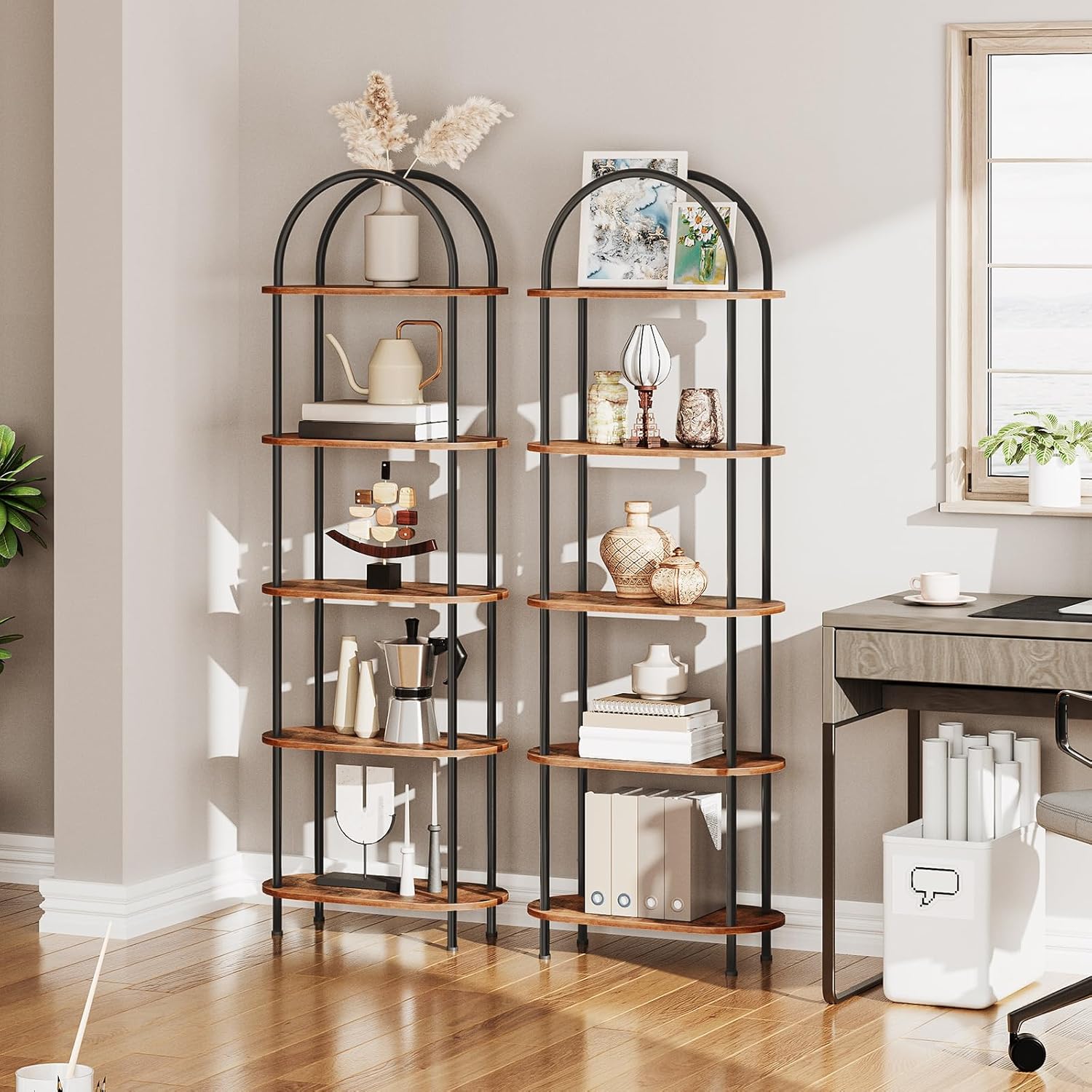 HOOBRO 5 Tier Open Bookshelf, Industrial Arched Bookcase Display Shelf Rack, Wooden Bookcase Storage Shelf Metal Frame, Tall Storage Organizer for Home, Easy Assembly, Rustic Brown BF176SJ01