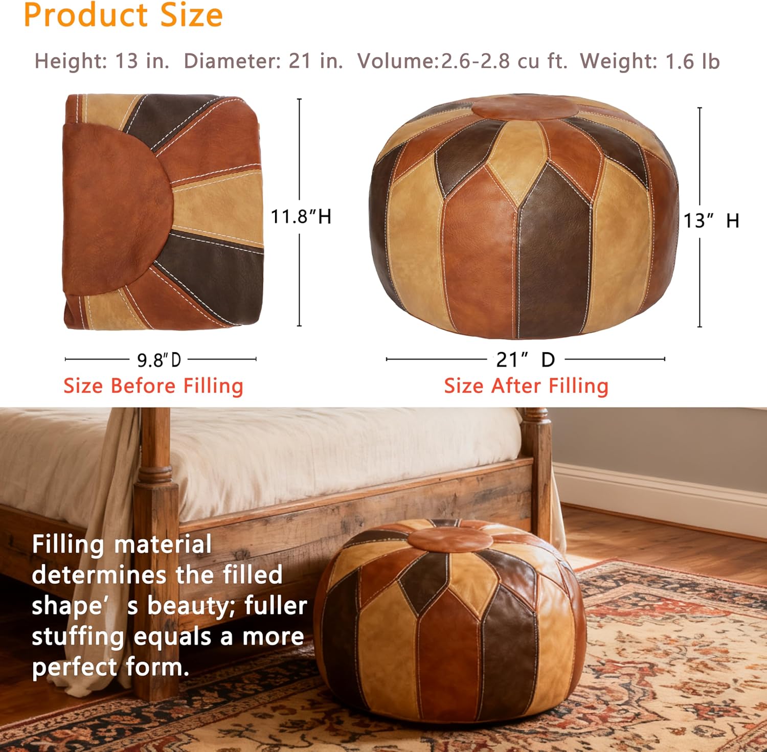Thgonwid Unstuffed Moroccan Faux Leather Pouf Ottoman with Storage - Handmade Boho Chic Multi-Use Footrest for Living Room, Bedroom, Patio - Round Ethnic Floor Cushion & Decorative Accent, Tricolor