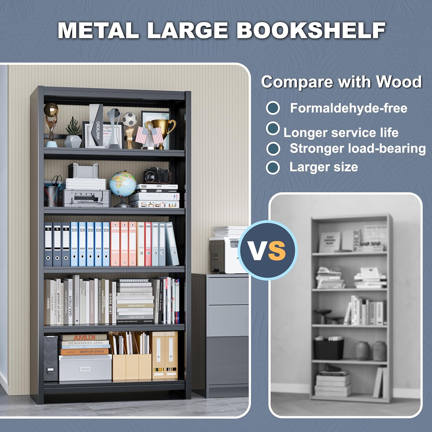 69" Black 5-Tier Heavy-Duty Industrial Metal Bookshelf, Wide Storage Display Shelving for Home & Office