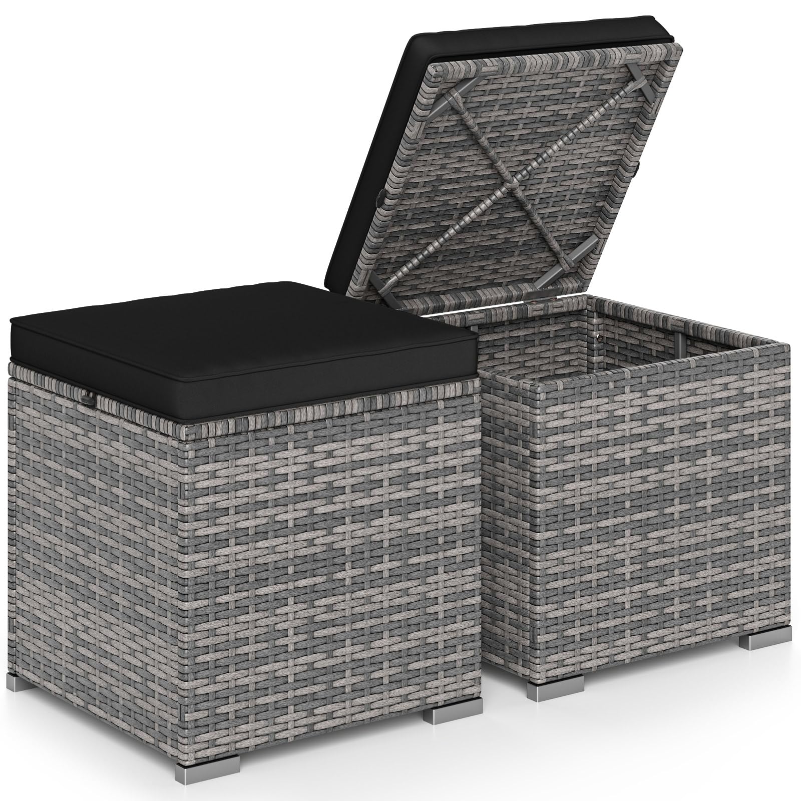 Tangkula 2 Pieces Outdoor Patio Ottoman, All Weather Rattan Wicker Ottoman Seat, Patio Rattan Furniture, Outdoor Footstool Footrest Seat w/Removable Cushions