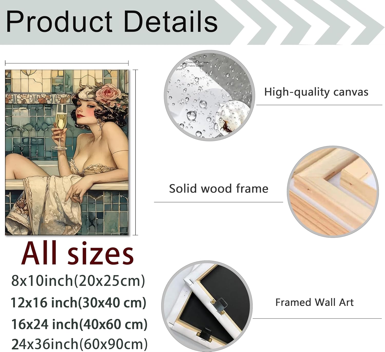 WWN Vintage Bathroom Canvas Wall Art Victorian Funky Woman in Bathtub Picture Wall Decor Trendy Champagne Bar Cart Decor Painting Poster Print for Bathroom Toilet Bar Home Decor,16x24in Wrapped Canvas