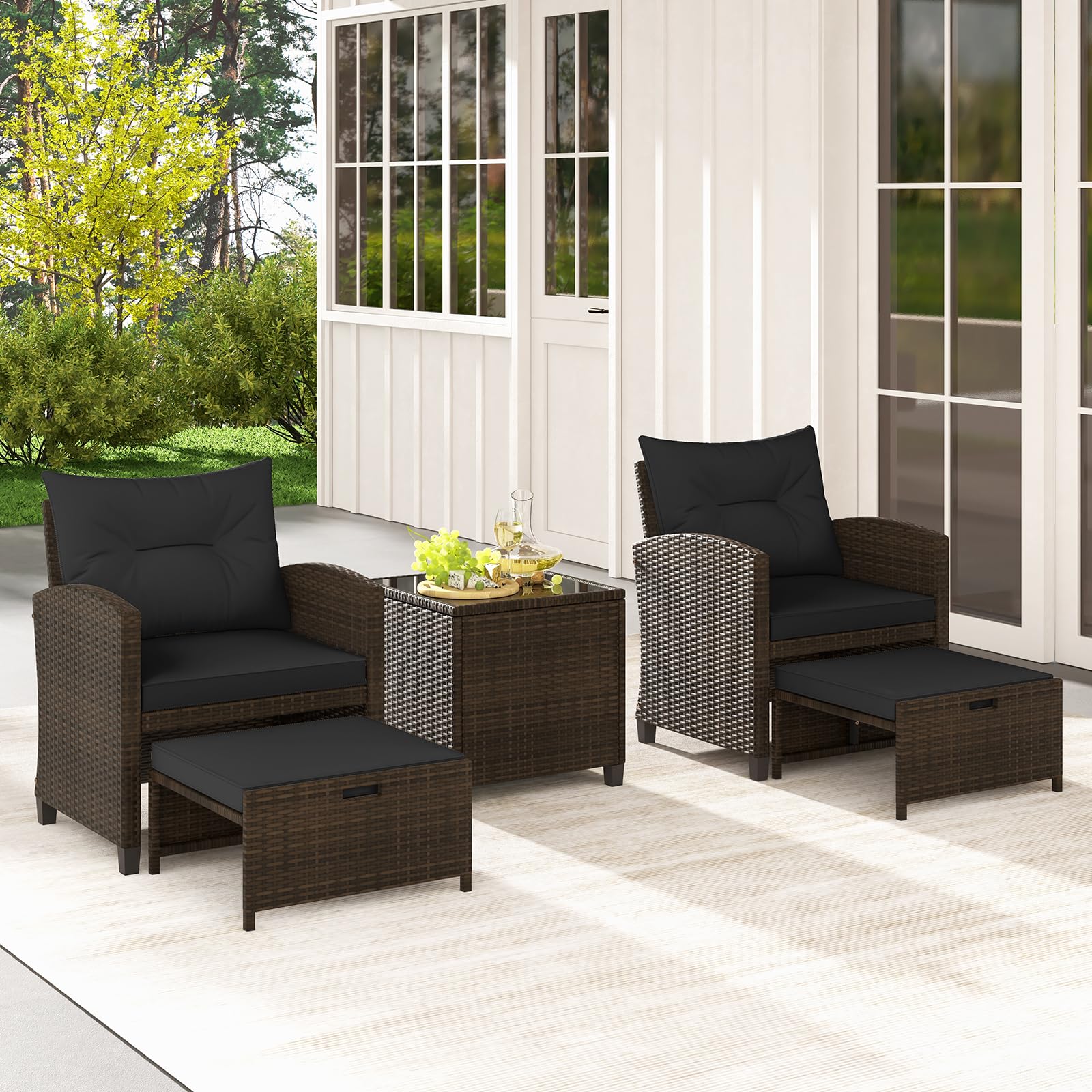 COSTWAY 5-Piece Rattan Conversation Set, Outdoor Wicker Sofa, Tempered Glass Coffee Table & Ottomans for Small Space, Boho Chic Indoor/Outdoor Furniture Set for Poolside, Backyard, Deck (Navy)