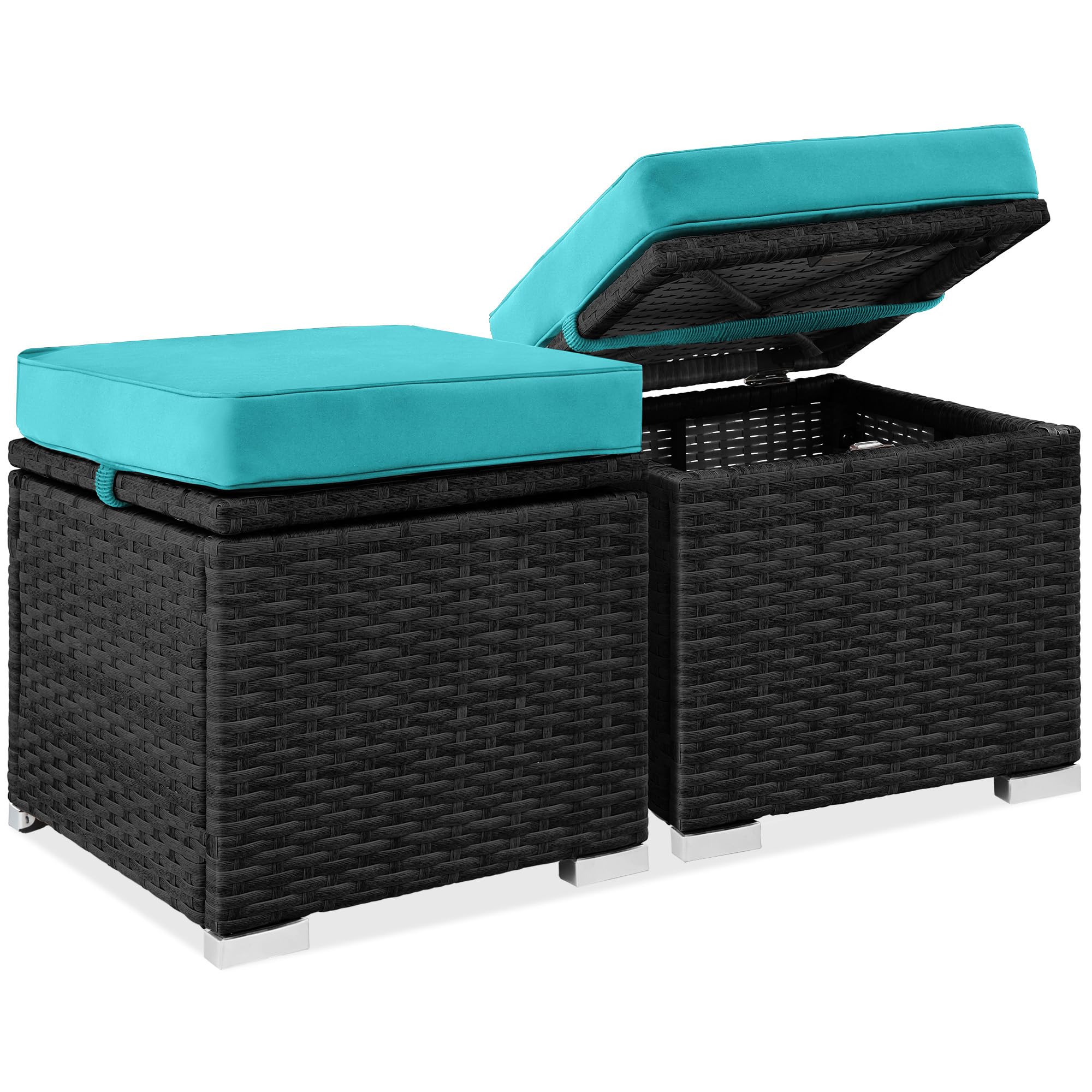 Best Choice Products Set of 2 Wicker Ottomans, Multipurpose Outdoor Furniture for Patio, Backyard, Additional Seating, Footrest, Side Table w/Storage, Removable Cushions - Brown/Beige