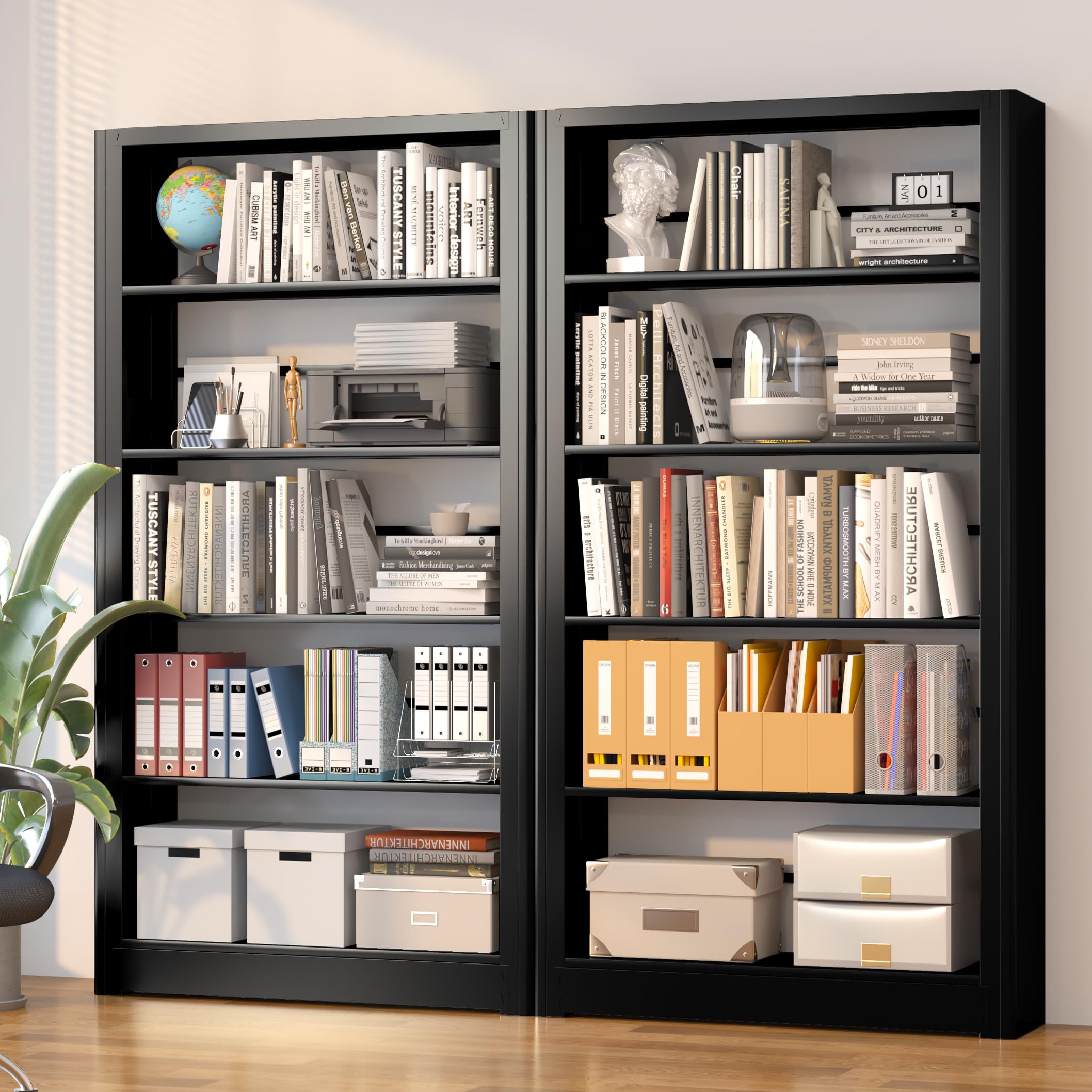 69" Black 5-Tier Heavy-Duty Industrial Metal Bookshelf, Wide Storage Display Shelving for Home & Office
