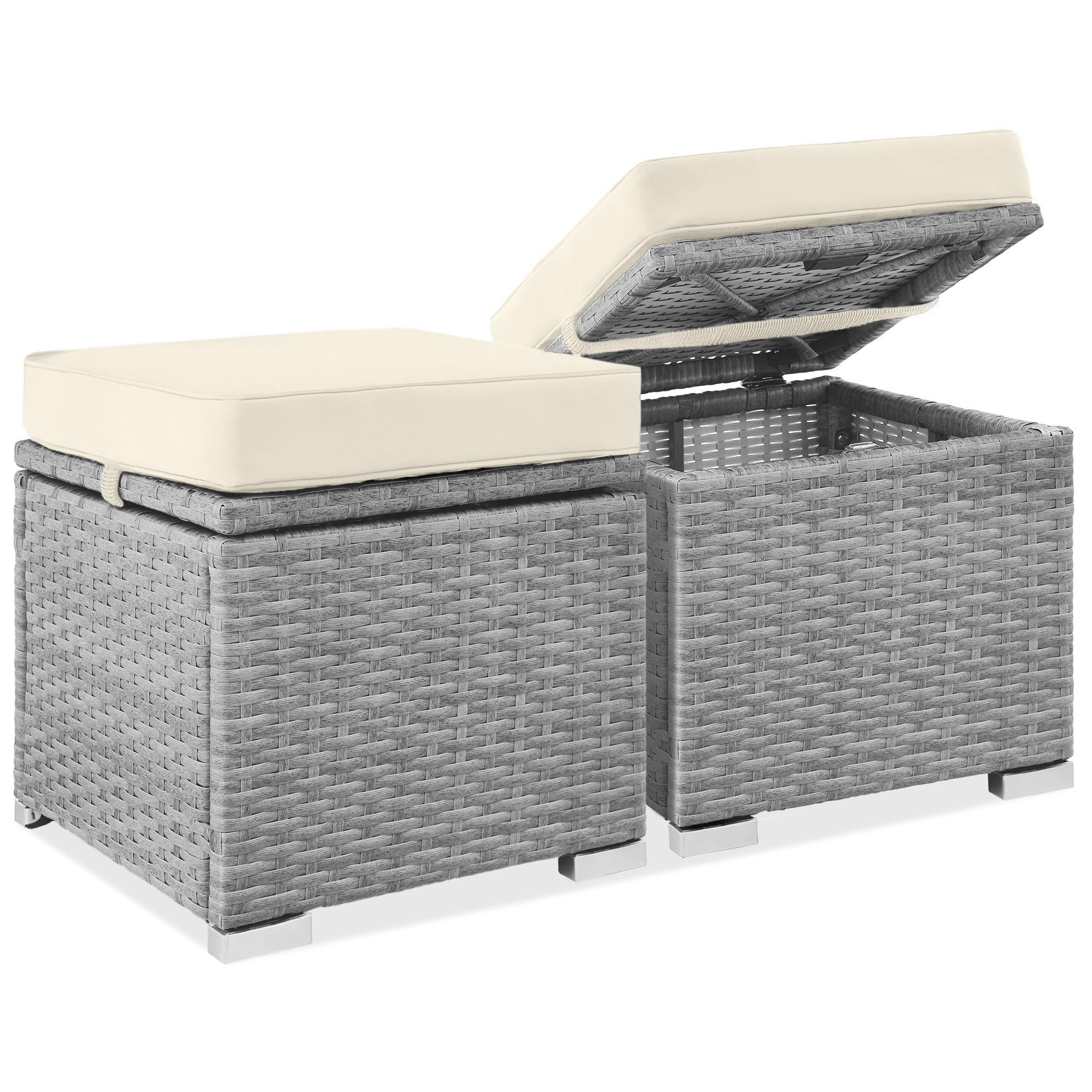 Best Choice Products Set of 2 Wicker Ottomans, Multipurpose Outdoor Furniture for Patio, Backyard, Additional Seating, Footrest, Side Table w/Storage, Removable Cushions - Brown/Beige