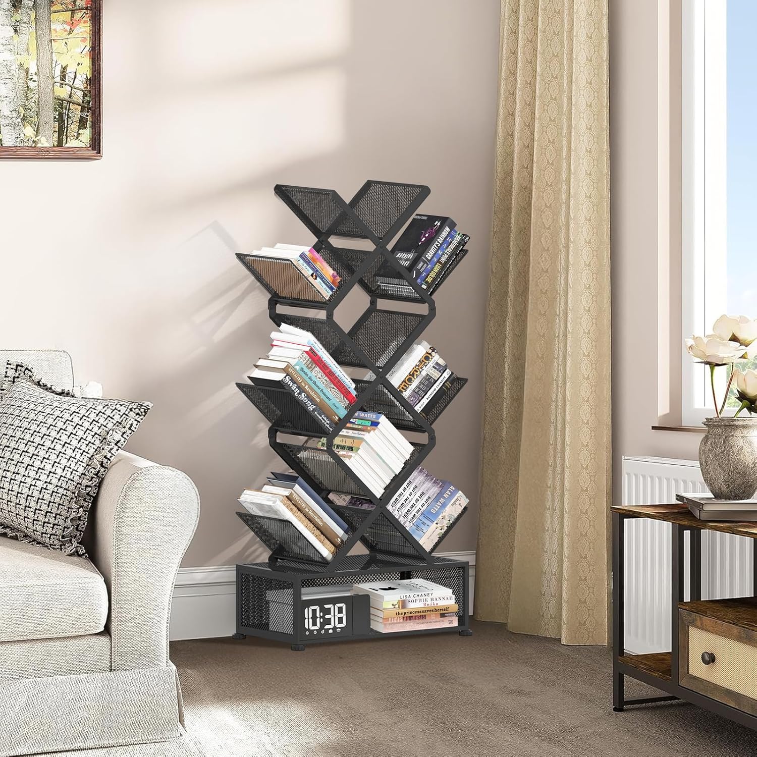Gintan 9-Tier Space Saving Book Shelf with Storage,Bedroom Shelves Folding Bookshelves,No Installation Required Shelf Tree Metal Bookshelf for Living Room,Study,Home Office,Bed Room (Black)
