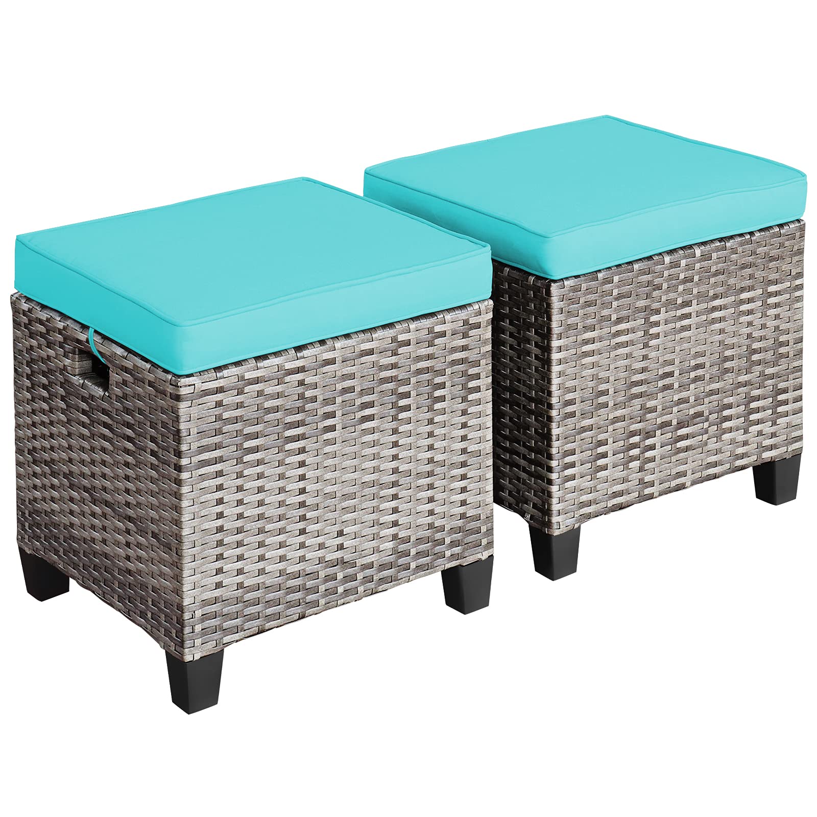 Tangkula 2 Pieces Outdoor Patio Ottoman, All Weather Rattan Wicker Ottoman Seat, Patio Rattan Furniture, Outdoor Footstool Footrest Seat w/Removable Cushions