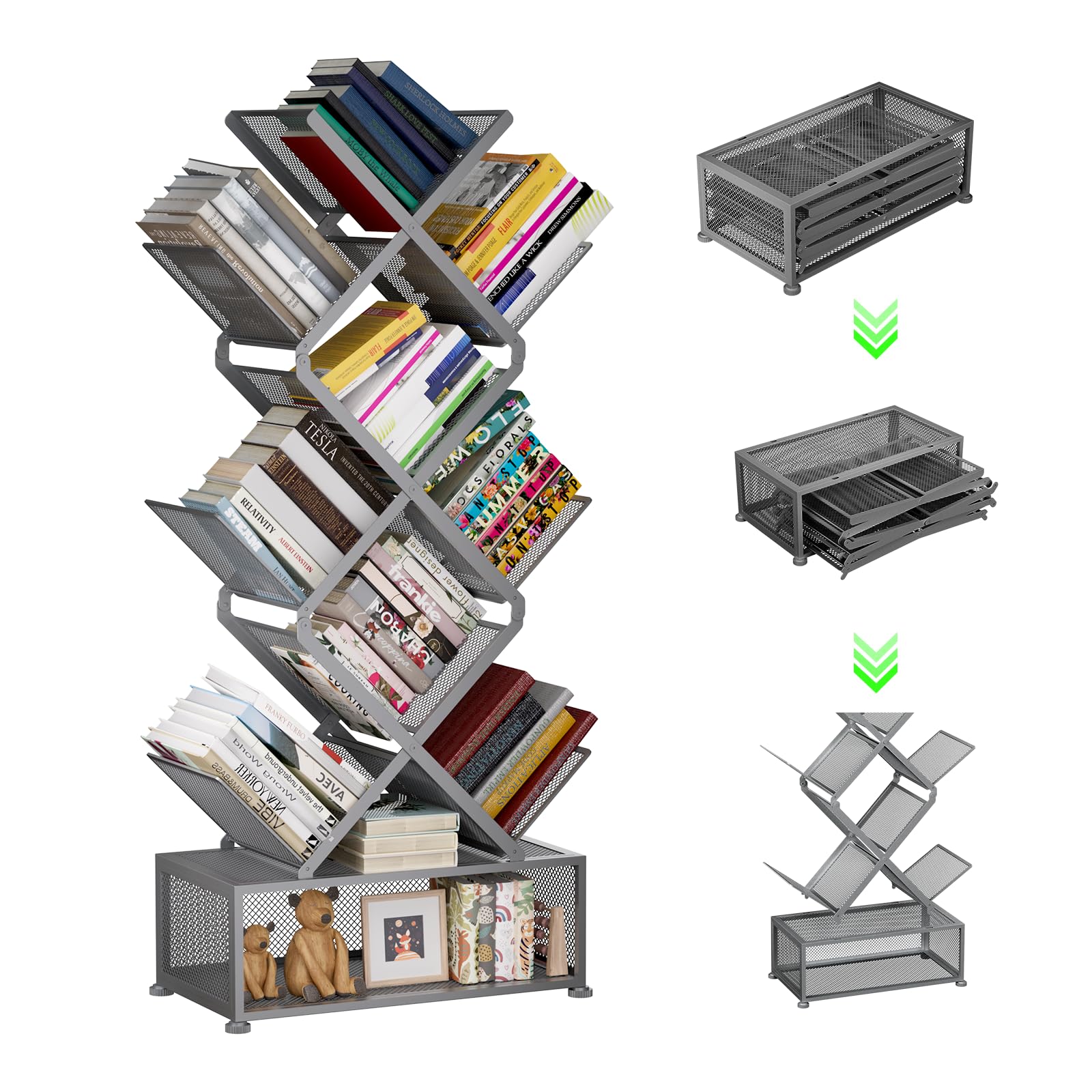 Gintan 9-Tier Space Saving Book Shelf with Storage,Bedroom Shelves Folding Bookshelves,No Installation Required Shelf Tree Metal Bookshelf for Living Room,Study,Home Office,Bed Room (Black)