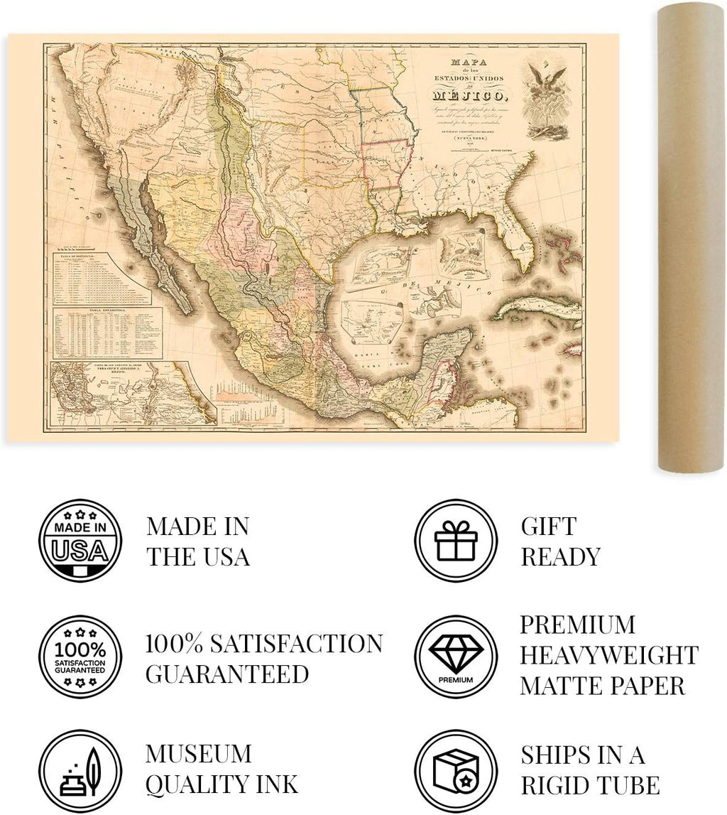 HISTORIX Vintage 1847 Mexico Map Poster - 24x36 Inch Vintage Map of Mexico States - Mapa de Mexico Wall Art - Mapa de Los Estados Unidos de Mejico Definido por las Varias Actas del Congreso