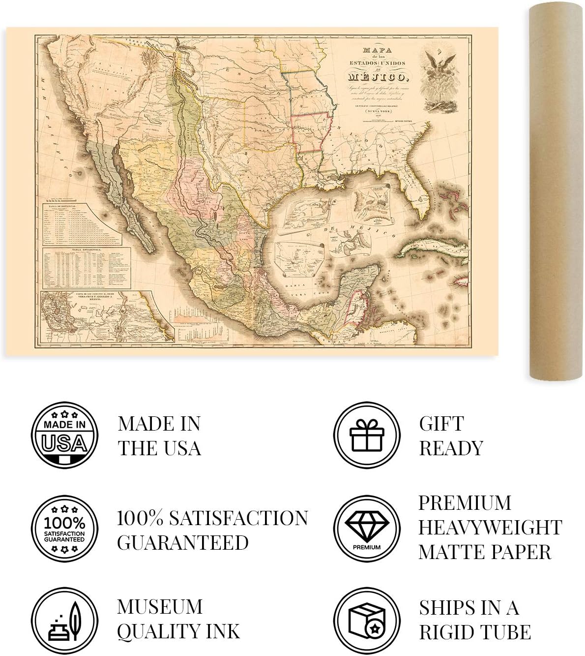 HISTORIX Vintage 1847 Mexico Map Poster - 24x36 Inch Vintage Map of Mexico States - Mapa de Mexico Wall Art - Mapa de Los Estados Unidos de Mejico Definido por las Varias Actas del Congreso