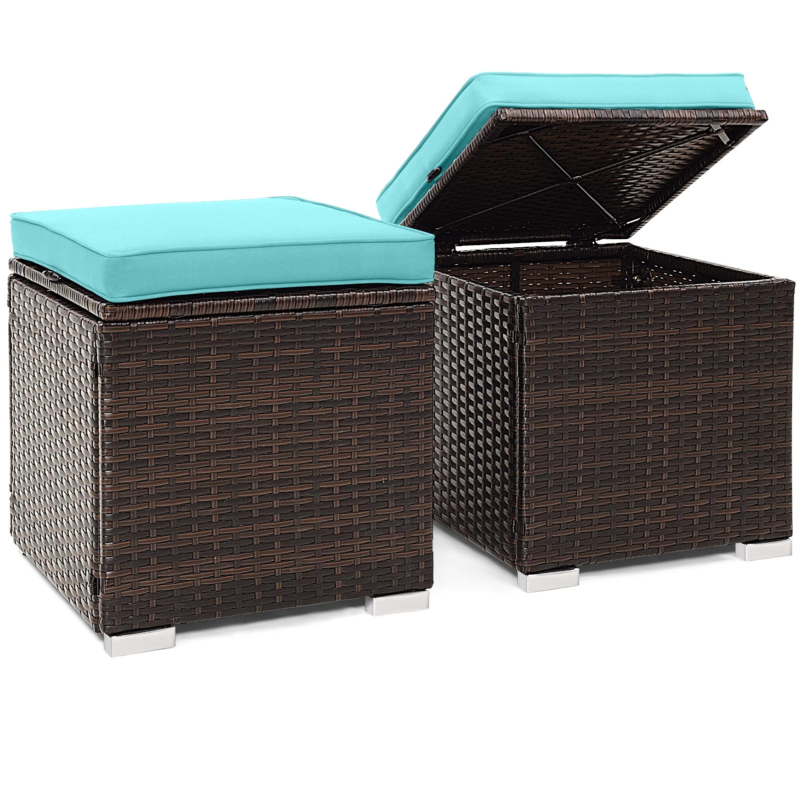Tangkula 2 Pieces Outdoor Patio Ottoman, All Weather Rattan Wicker Ottoman Seat, Patio Rattan Furniture, Outdoor Footstool Footrest Seat w/Removable Cushions