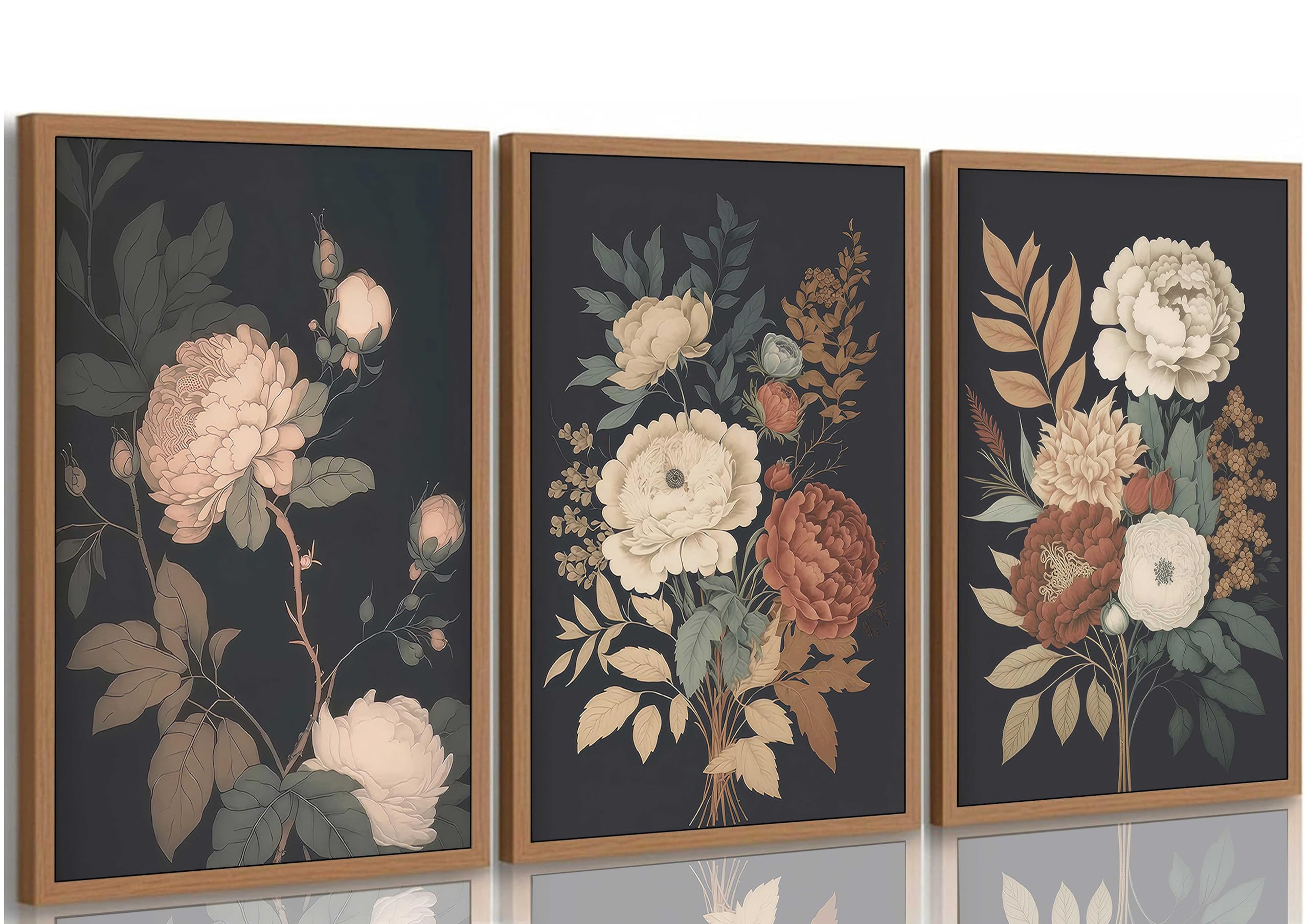3Pcs Framed Vintage Peony Flower Still Life Canvas Wall art Rustic Dark Floral Plant Painting Picture Farmhouse Wall Decor Posters Print Artwork for Women's Room Living Room Bedroom Home Decoration
