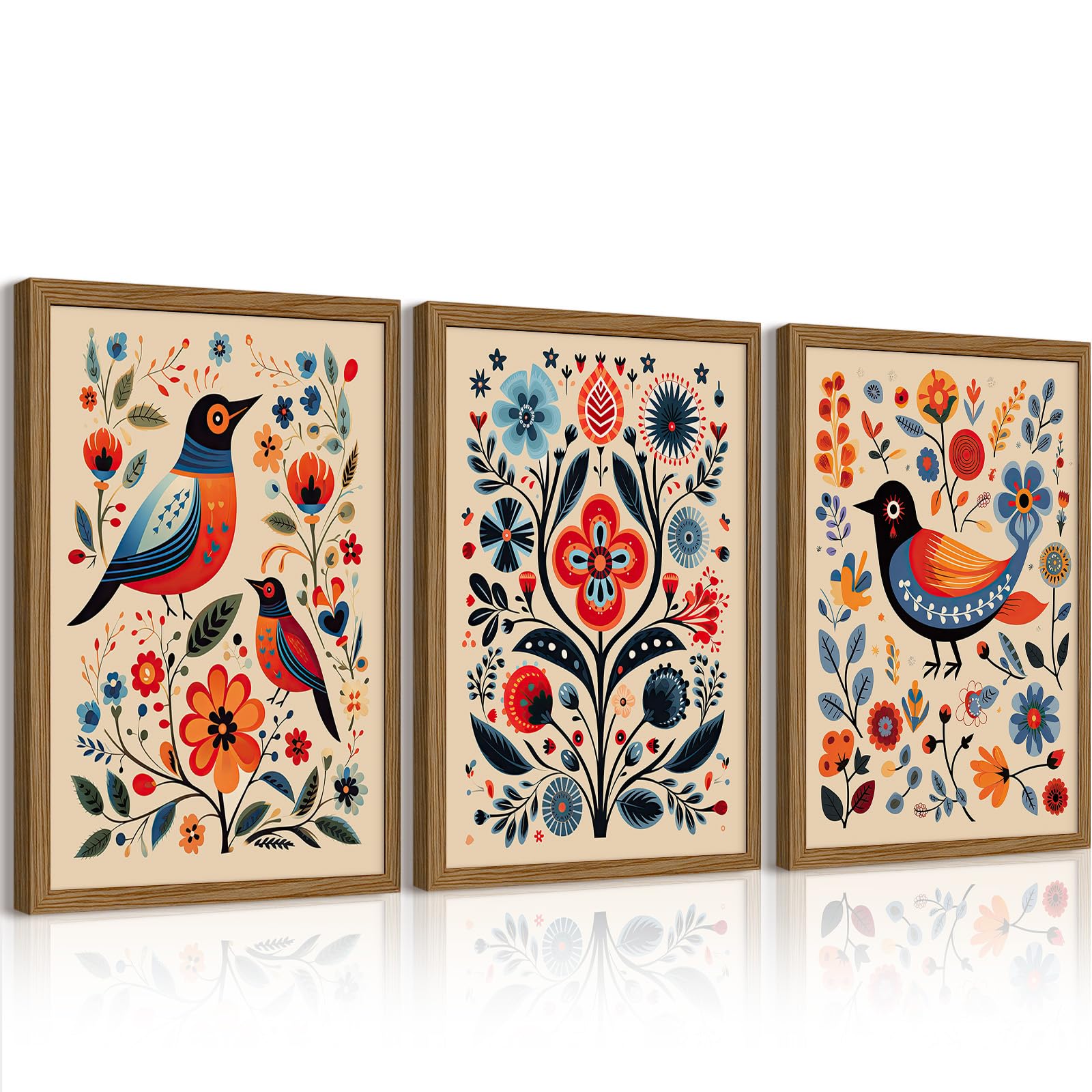 Scandinavian Folk Wall Art Nodic Flower Canvas Wall Decor Norwegian Wall Art Poster Swedish Antique Wall Decor Pictures Floral Bird Prints Vintage Poster for Home Kitchen 16x24x3 Inch Ready to Hang