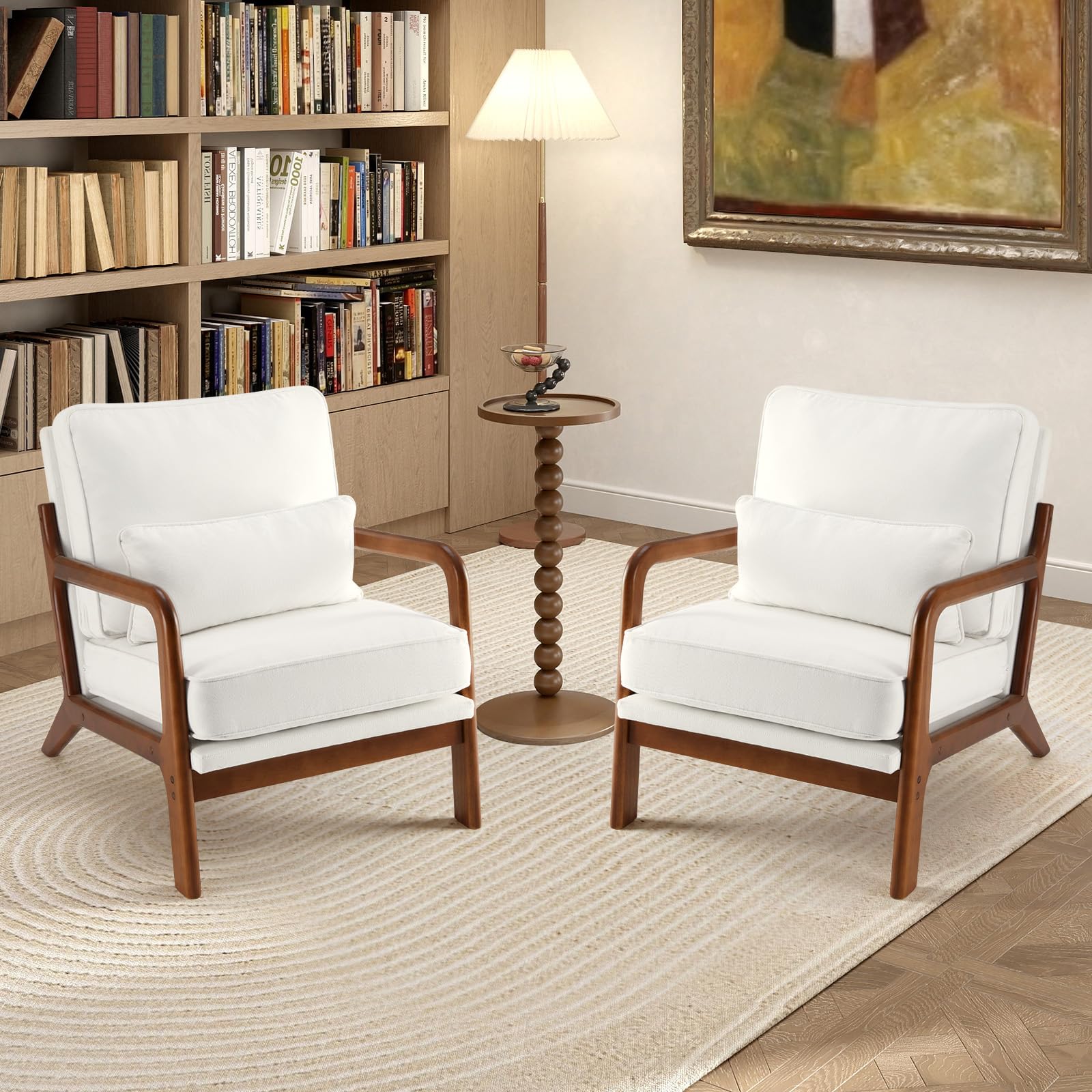 DUMOS Accent Chair Mid Century Modern Chair with Arms and Waist Cushion, Reading Chairs for Adults with Solid Frame, Lounge Side Sitting Armchair for Living Room, Bedroom, Balcony, Cream