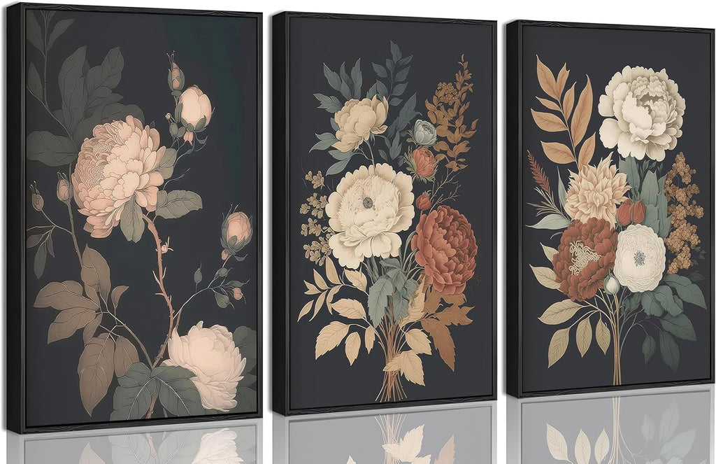 3Pcs Framed Vintage Peony Flower Still Life Canvas Wall art Rustic Dark Floral Plant Painting Picture Farmhouse Wall Decor Posters Print Artwork for Women's Room Living Room Bedroom Home Decoration