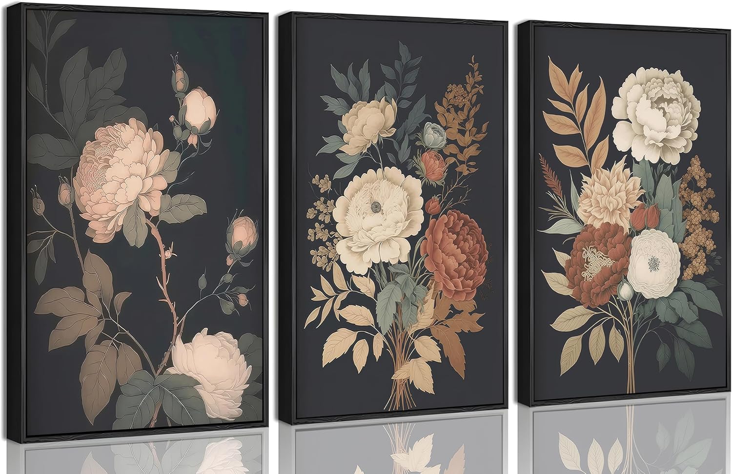 3Pcs Framed Vintage Peony Flower Still Life Canvas Wall art Rustic Dark Floral Plant Painting Picture Farmhouse Wall Decor Posters Print Artwork for Women's Room Living Room Bedroom Home Decoration