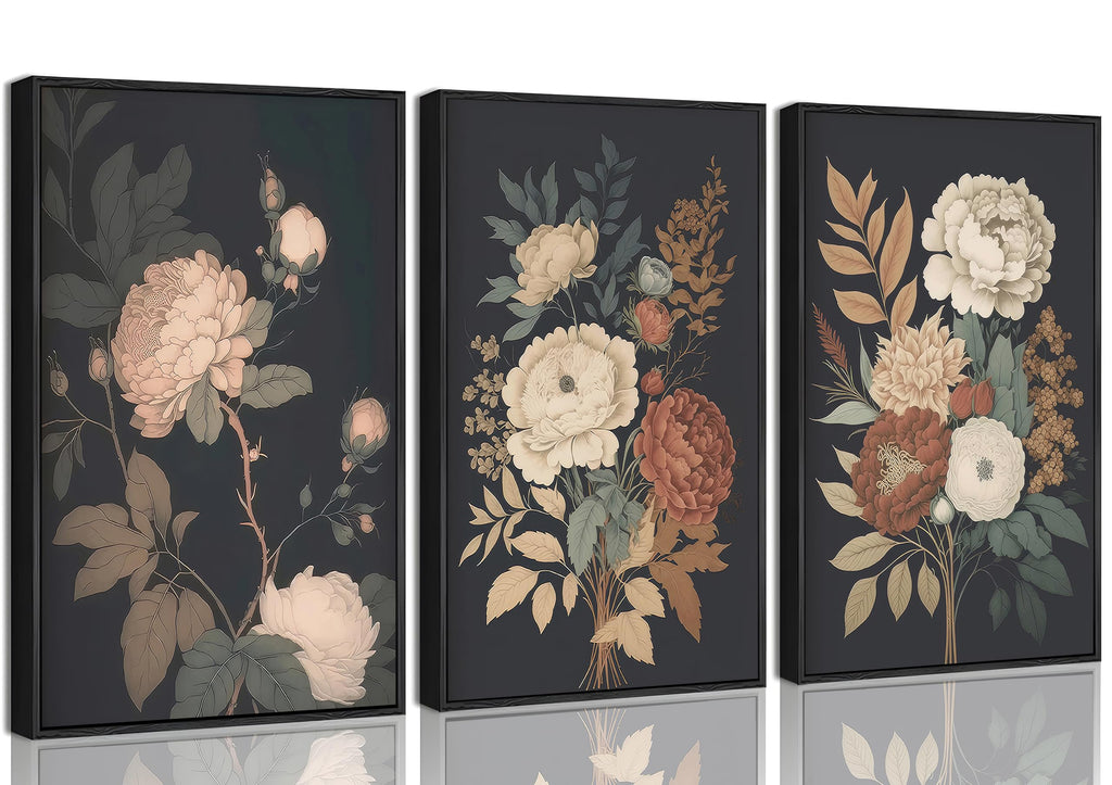 3Pcs Framed Vintage Peony Flower Still Life Canvas Wall art Rustic Dark Floral Plant Painting Picture Farmhouse Wall Decor Posters Print Artwork for Women's Room Living Room Bedroom Home Decoration