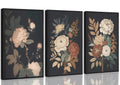 3Pcs Framed Vintage Peony Flower Still Life Canvas Wall art Rustic Dark Floral Plant Painting Picture Farmhouse Wall Decor Posters Print Artwork for Women's Room Living Room Bedroom Home Decoration