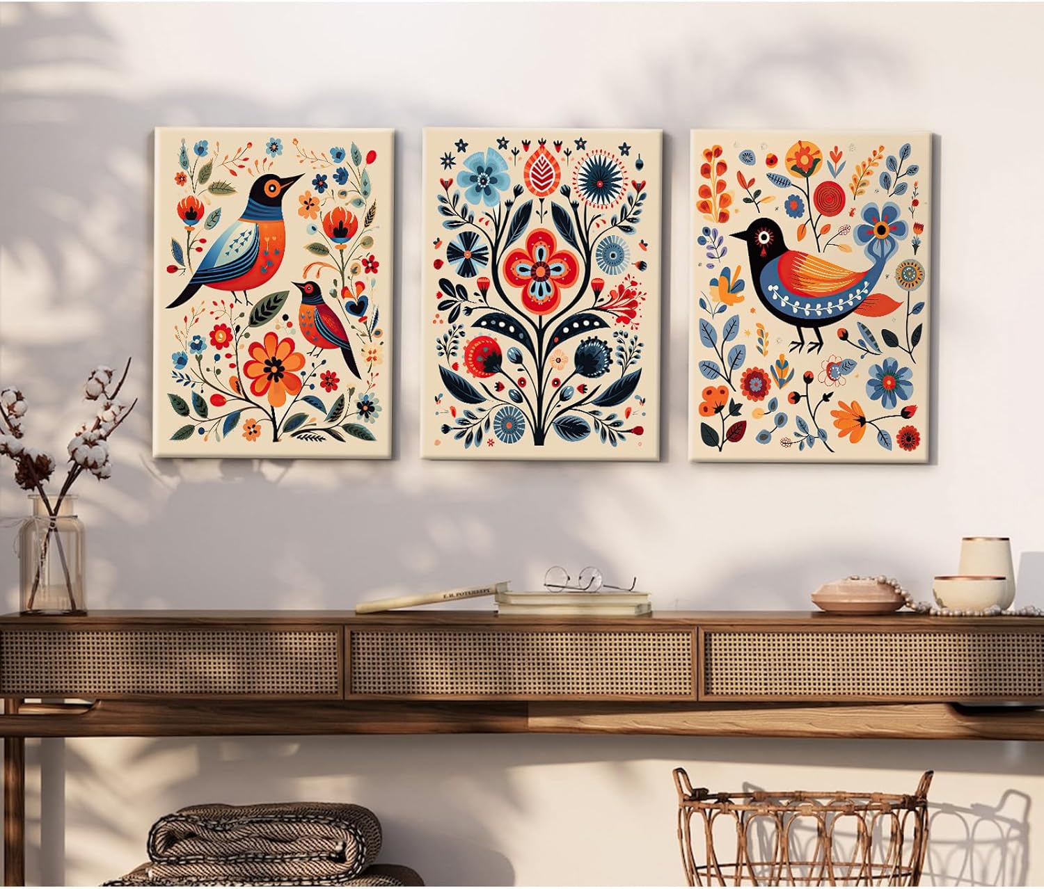Scandinavian Folk Wall Art Nodic Flower Canvas Wall Decor Norwegian Wall Art Poster Swedish Antique Wall Decor Pictures Floral Bird Prints Vintage Poster for Home Kitchen 16x24x3 Inch Ready to Hang