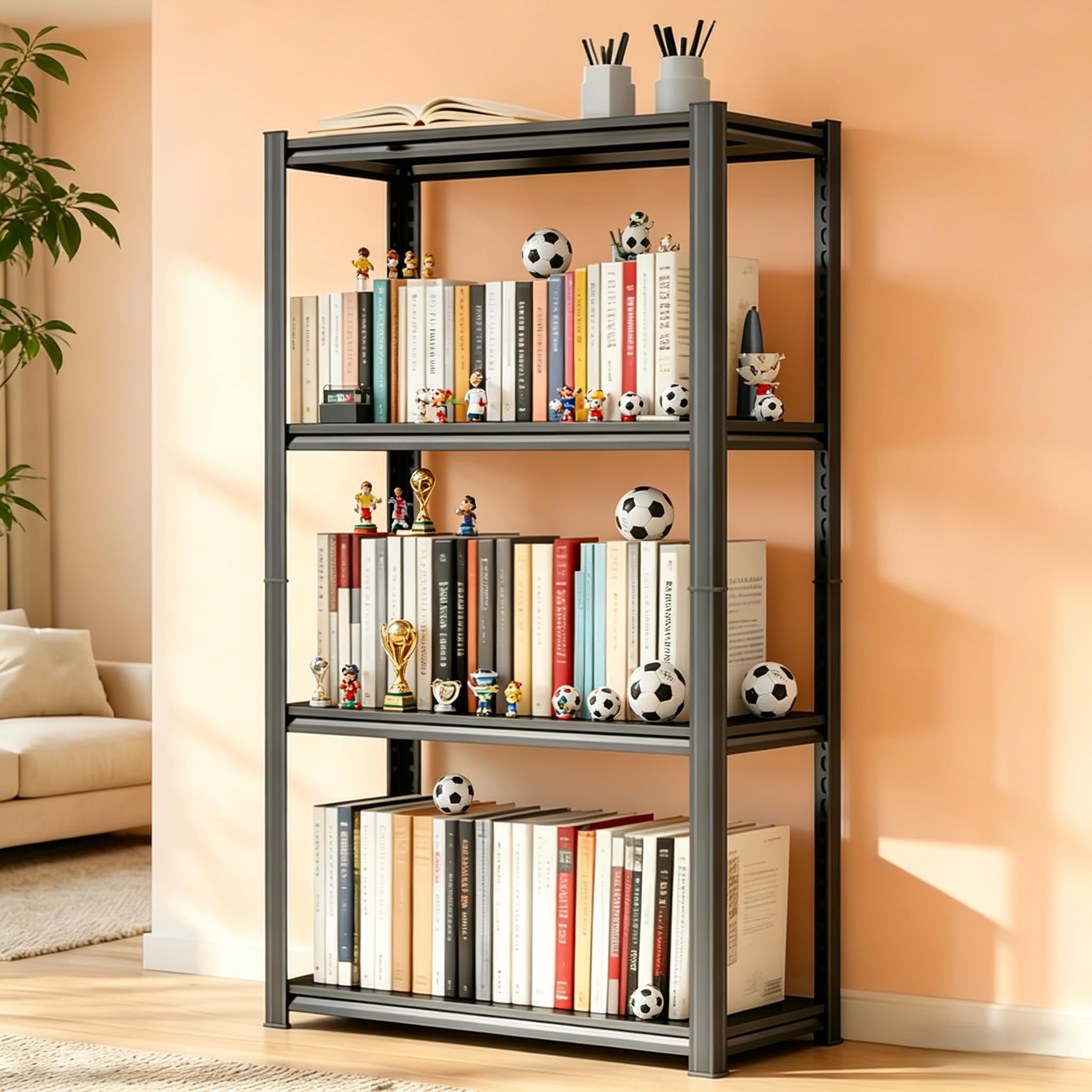 Bolt-Free 5 Tier Metal Bookshelf, 71"H Adjustable Tall Bookcase with Anti-Drop Fence, 1500LBS Heavy Duty Deep Book Shelf, Large Office Bookshelf, Modern Storage Shelves for Bedroom, LivingRoom, Garage