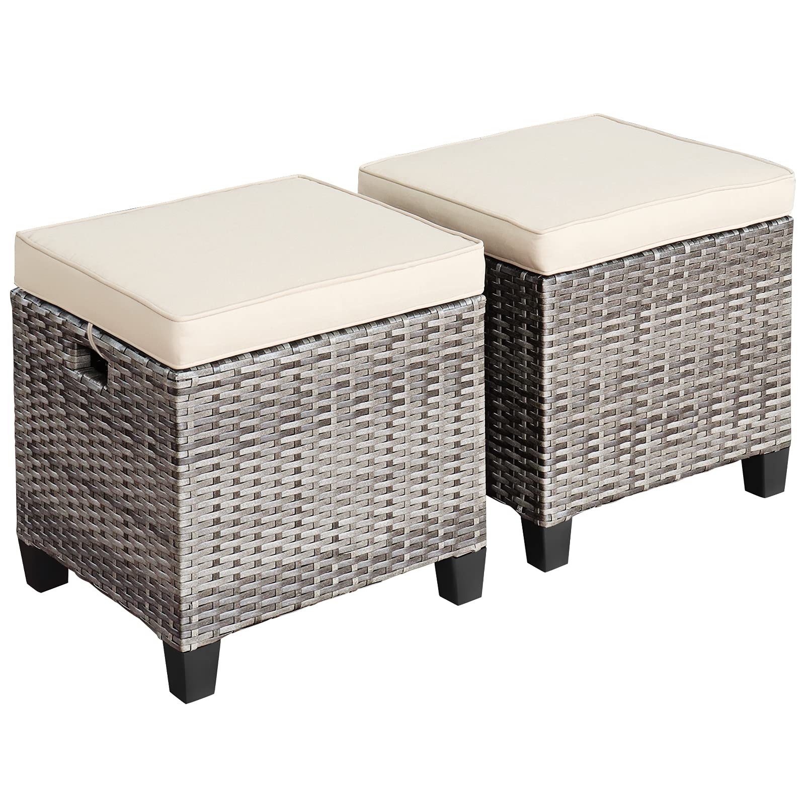 Tangkula 2 Pieces Outdoor Patio Ottoman, All Weather Rattan Wicker Ottoman Seat, Patio Rattan Furniture, Outdoor Footstool Footrest Seat w/Removable Cushions