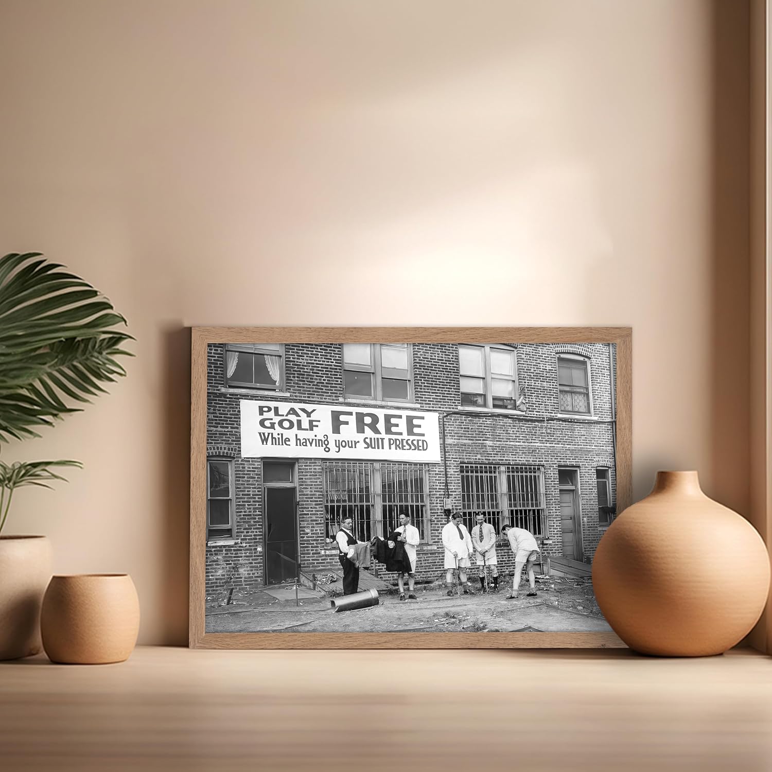 Poster Master Vintage Photograph Poster - Retro Funny Print - Gift for Artist, Friend - Play Golf Free, While Having Your Suit Pressed, Men - Wall Decor for Home, Office, 16x20 Beige Framed