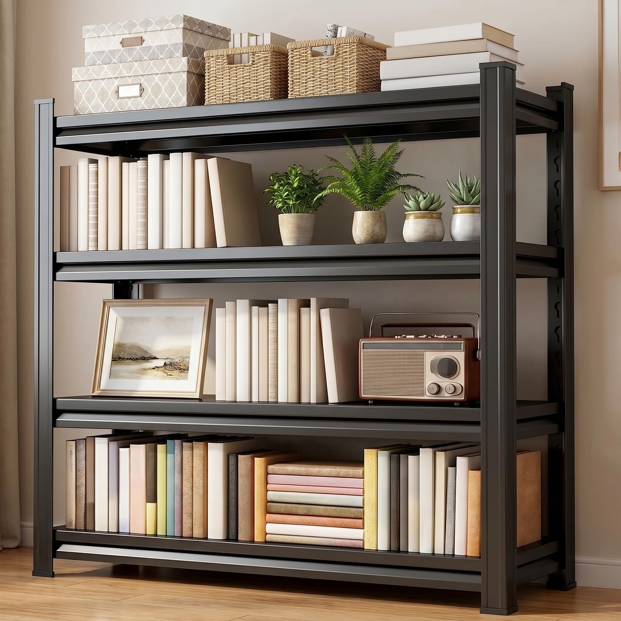 5 Tier Metal Bookshelf with Anti-Drop Fence, 72" H Adjustable Tall Bookcase, Heavy Duty 3000 LBS Modern Deep Book Shelf, Bolt-Free Storage Shelves for Living Room, Home Office, Garage