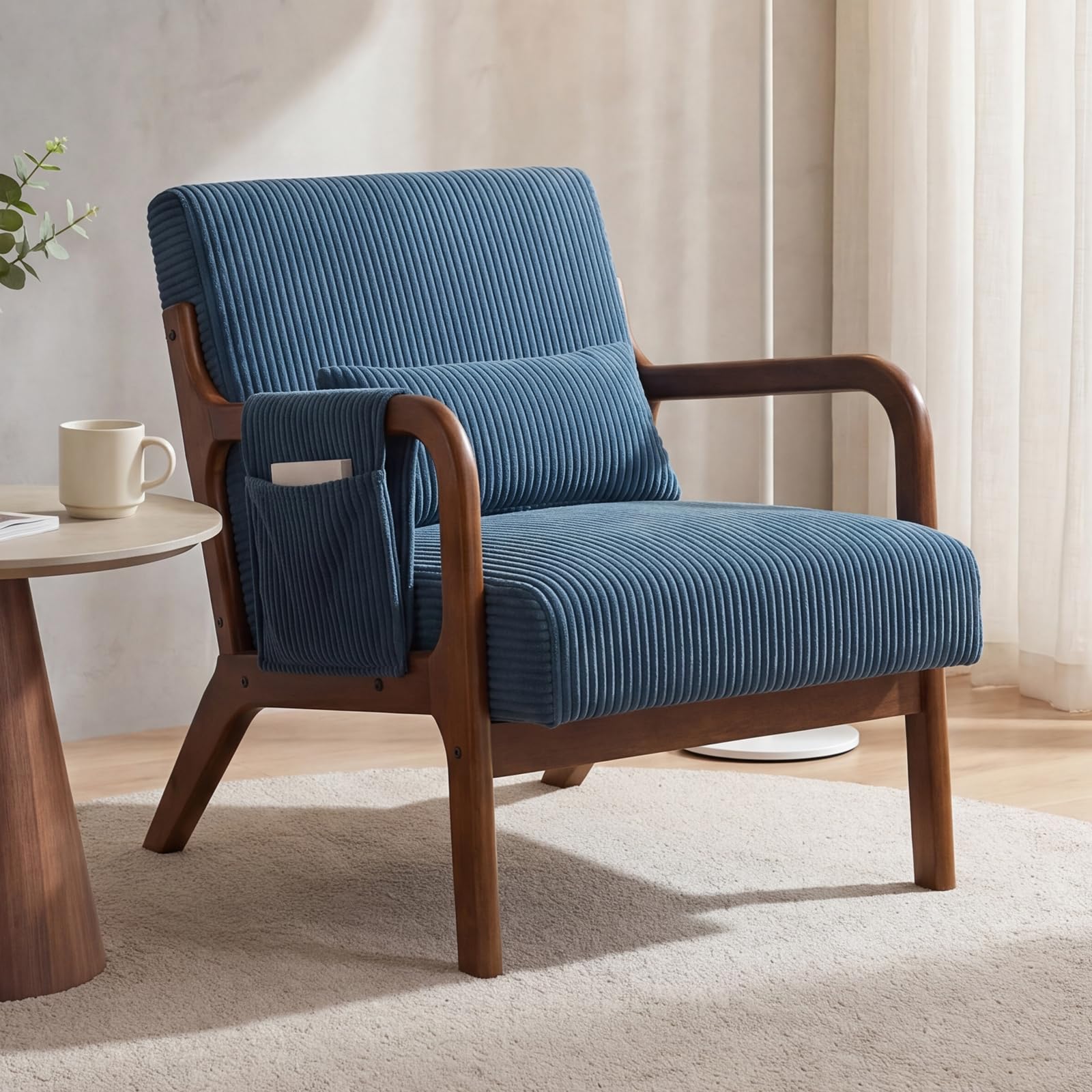 DUMOS Mid Century Modern Accent Chair, Upholstered Armchair with Lumbar Pillow and Solid Wood Frame, Comfy Reading Chair for Small Living Room, Bedroom, Guest Room, Navy Blue
