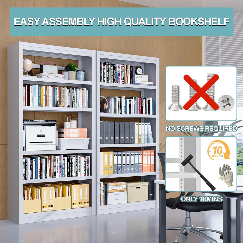 Bookshelf,6-Tier Adjustable Steel Book Shelf,61" H Heavy Duty Metal Bookcase for Home/Office/Garage,White Shelf (White, 61" Tall)