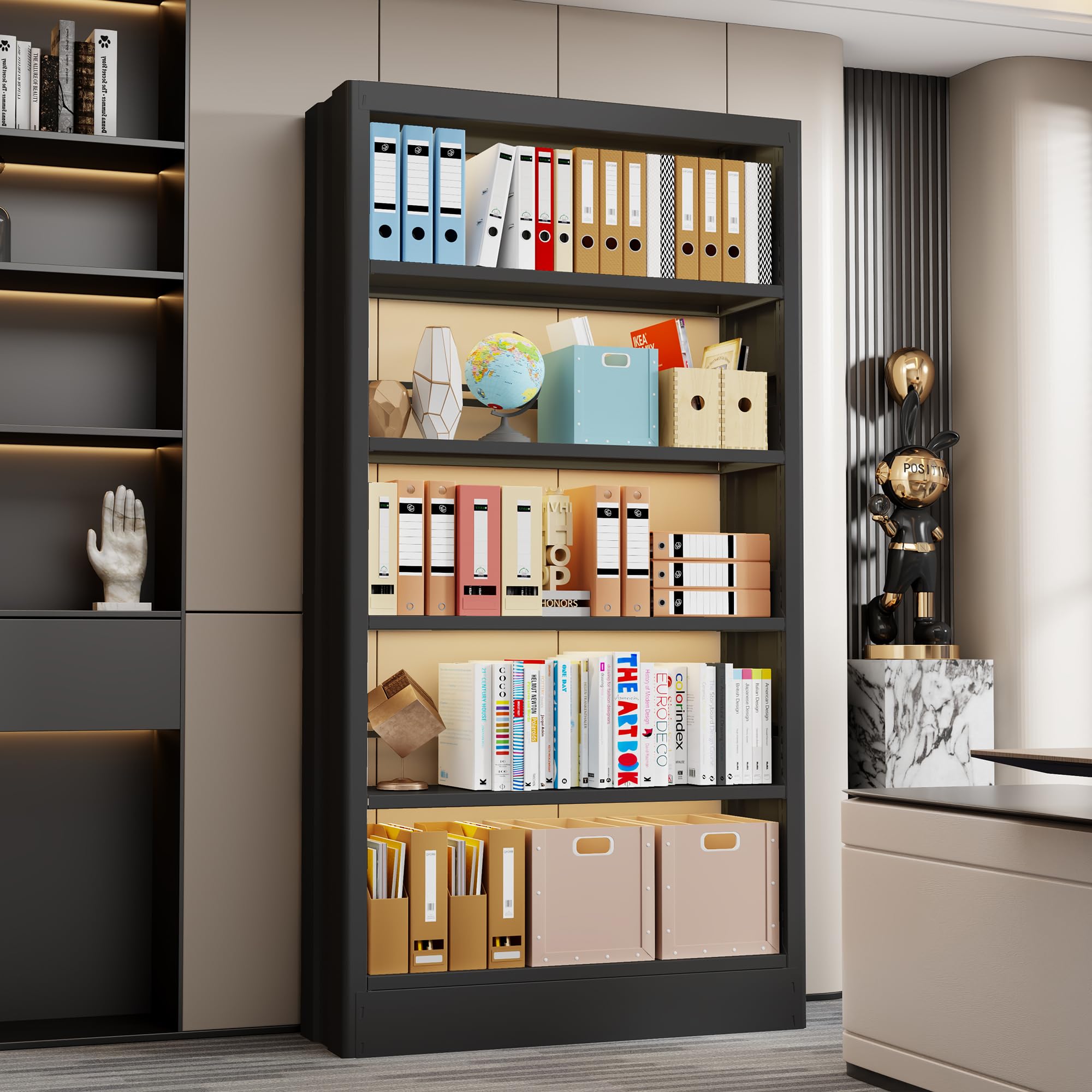 5-Tier Bookcase with Adjustable Storage Shelves, Heavy Duty Bookcase, Metal Bookshelf with Book Stopper, Black Bookcase Shelf for Library, Office, Living Room