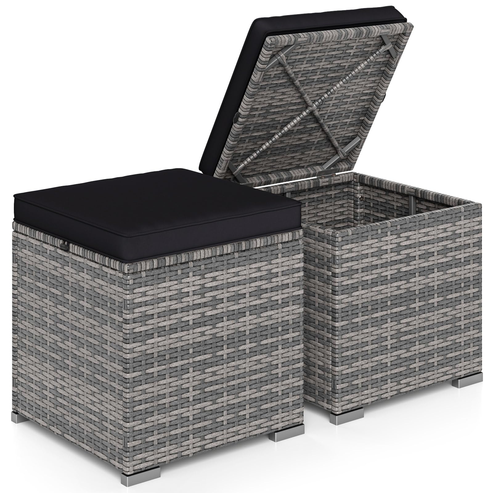 RELAX4LIFE Wicker Outdoor Storage Ottoman, 2-Piece Rattan Footstool w/Removable Cushion, Multipurpose Footrest Stool Side Table Additional Seating, Set of 2 Outdoor Ottomans for Patio Deck (Navy)
