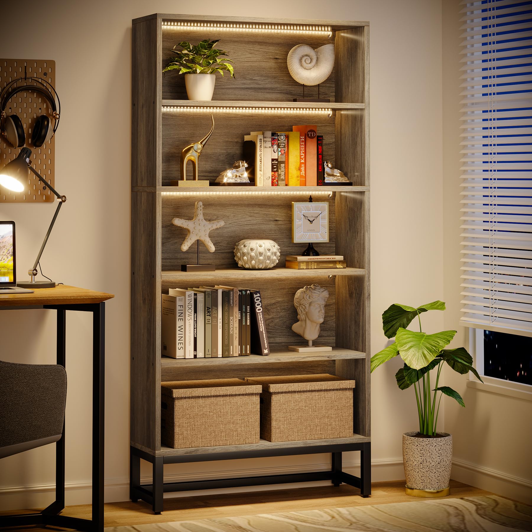 Tribesigns Tall Bookcase Black Bookshelf, 70.8” Large Bookcases Organizer with LED Lights, Heavy Duty Free-Standing Library Bookshelf with 5-Tier Storage Shelves for Living Room, Bedroom (Black)