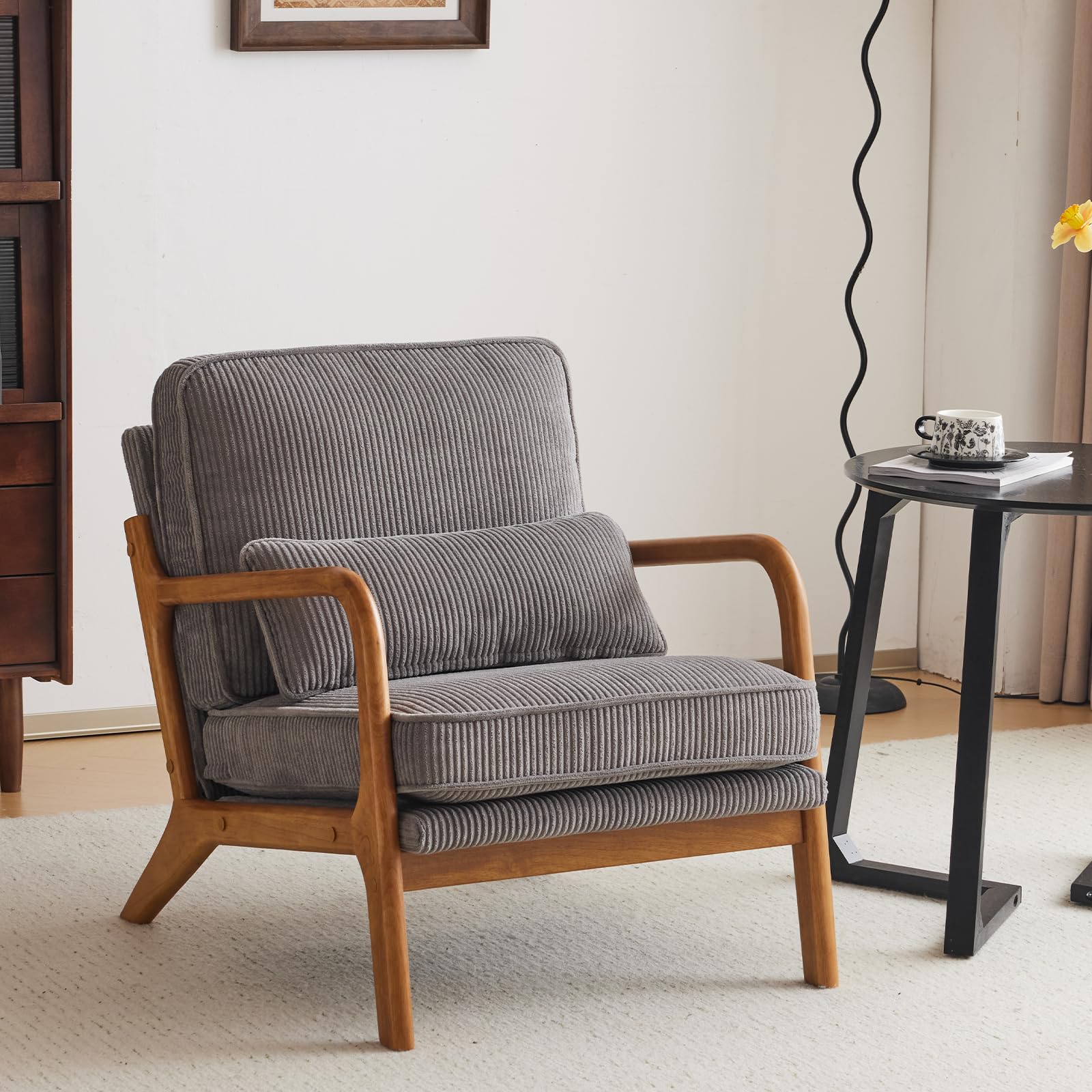 Karl home Accent Chair Mid-Century Modern Chair with Pillow Linen Fabric Upholstered Lounge Arm Chair with Solid Wood Frame & Soft Cushion for Living Room, Bedroom, Balcony, Beige