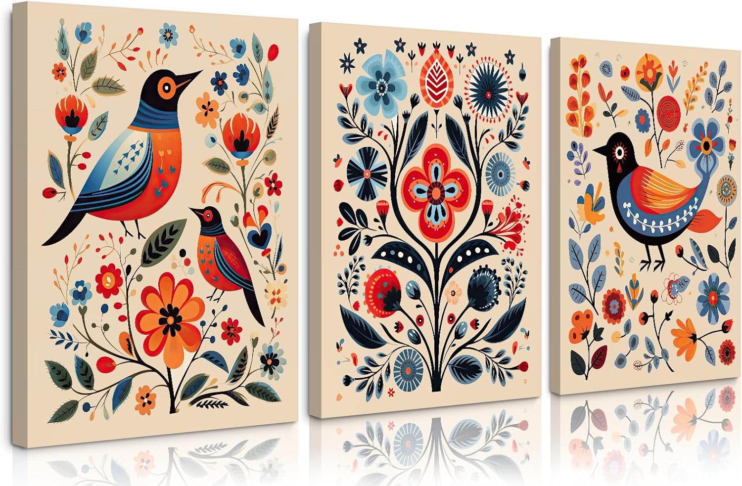 Scandinavian Folk Wall Art Nodic Flower Canvas Wall Decor Norwegian Wall Art Poster Swedish Antique Wall Decor Pictures Floral Bird Prints Vintage Poster for Home Kitchen 16x24x3 Inch Ready to Hang