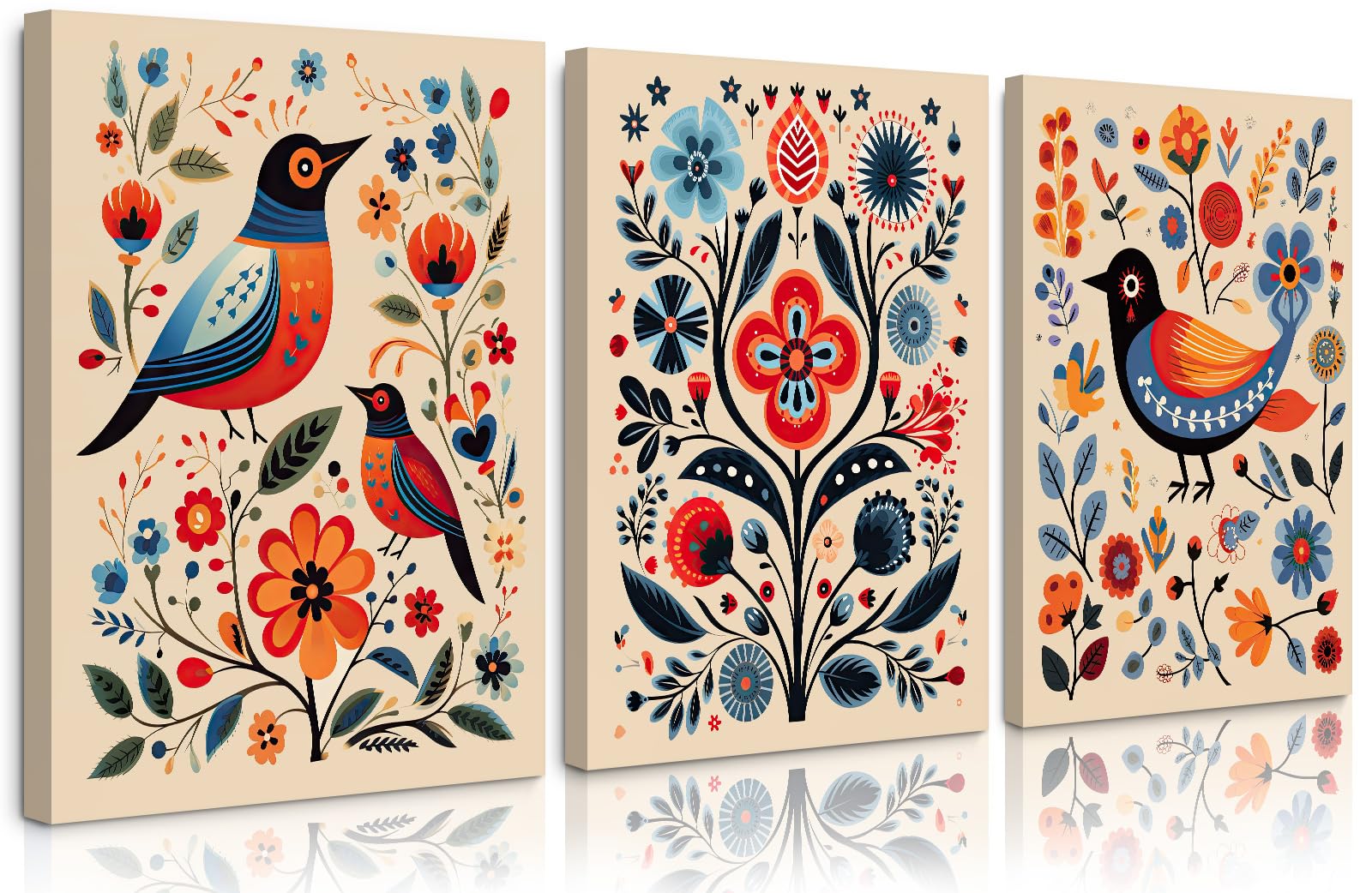 Scandinavian Folk Wall Art Nodic Flower Canvas Wall Decor Norwegian Wall Art Poster Swedish Antique Wall Decor Pictures Floral Bird Prints Vintage Poster for Home Kitchen 16x24x3 Inch Ready to Hang