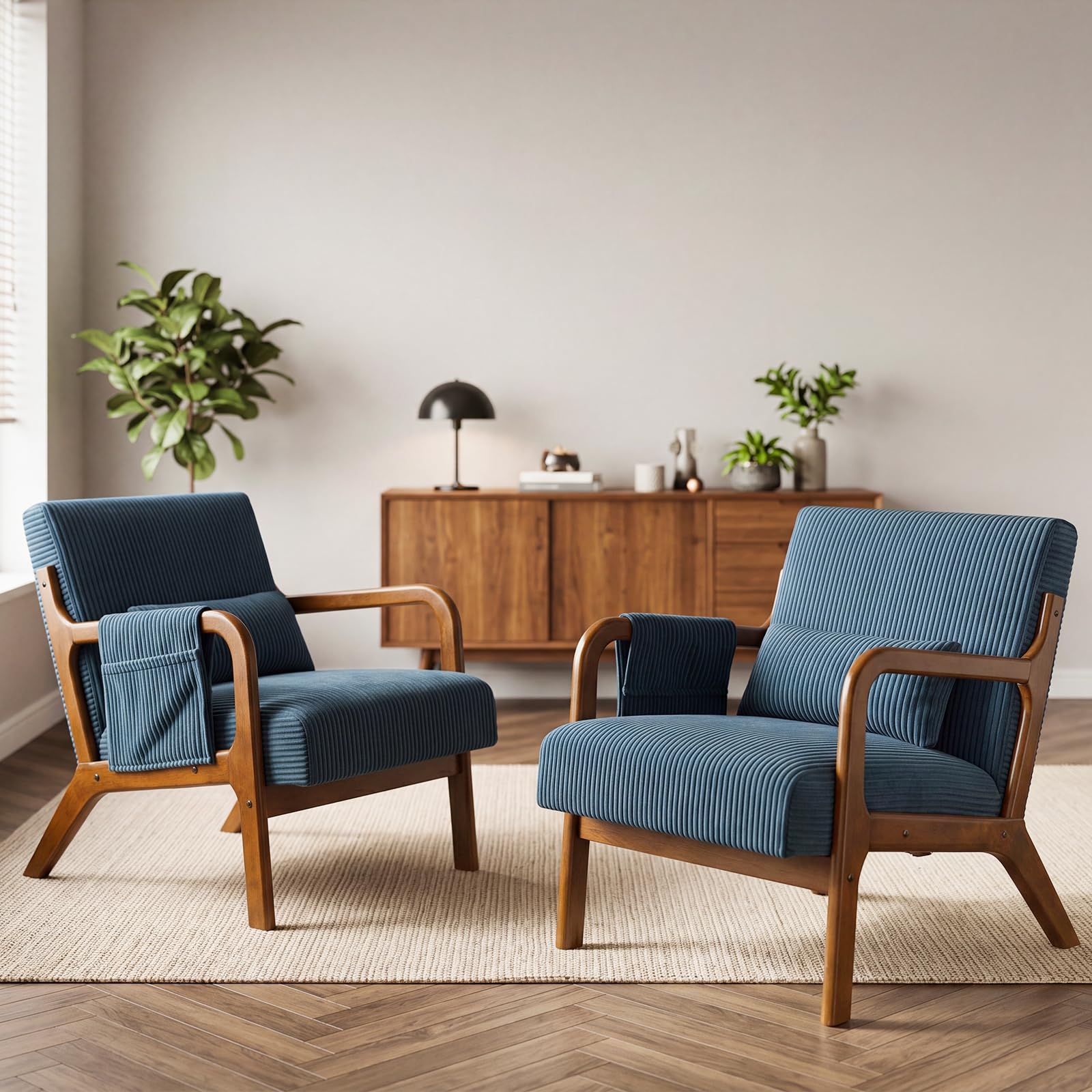 DUMOS Mid Century Modern Accent Chair, Upholstered Armchair with Lumbar Pillow and Solid Wood Frame, Comfy Reading Chair for Small Living Room, Bedroom, Guest Room, Beige