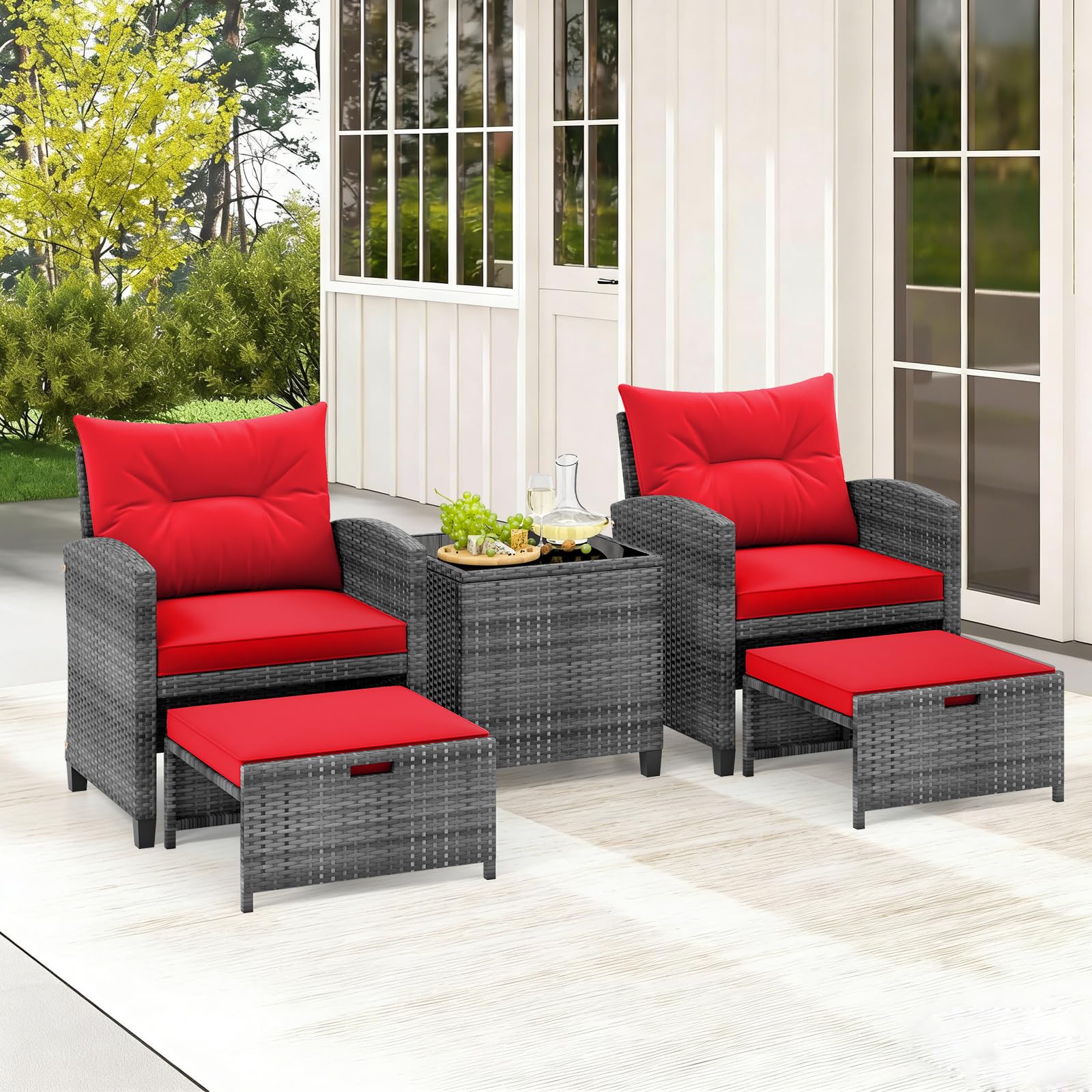COSTWAY 5-Piece Rattan Conversation Set, Outdoor Wicker Sofa, Tempered Glass Coffee Table & Ottomans for Small Space, Boho Chic Indoor/Outdoor Furniture Set for Poolside, Backyard, Deck (Navy)