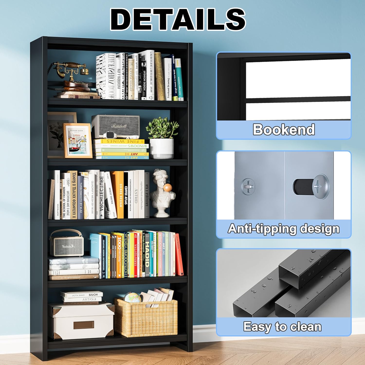 69" Black 5-Tier Heavy-Duty Industrial Metal Bookshelf, Wide Storage Display Shelving for Home & Office