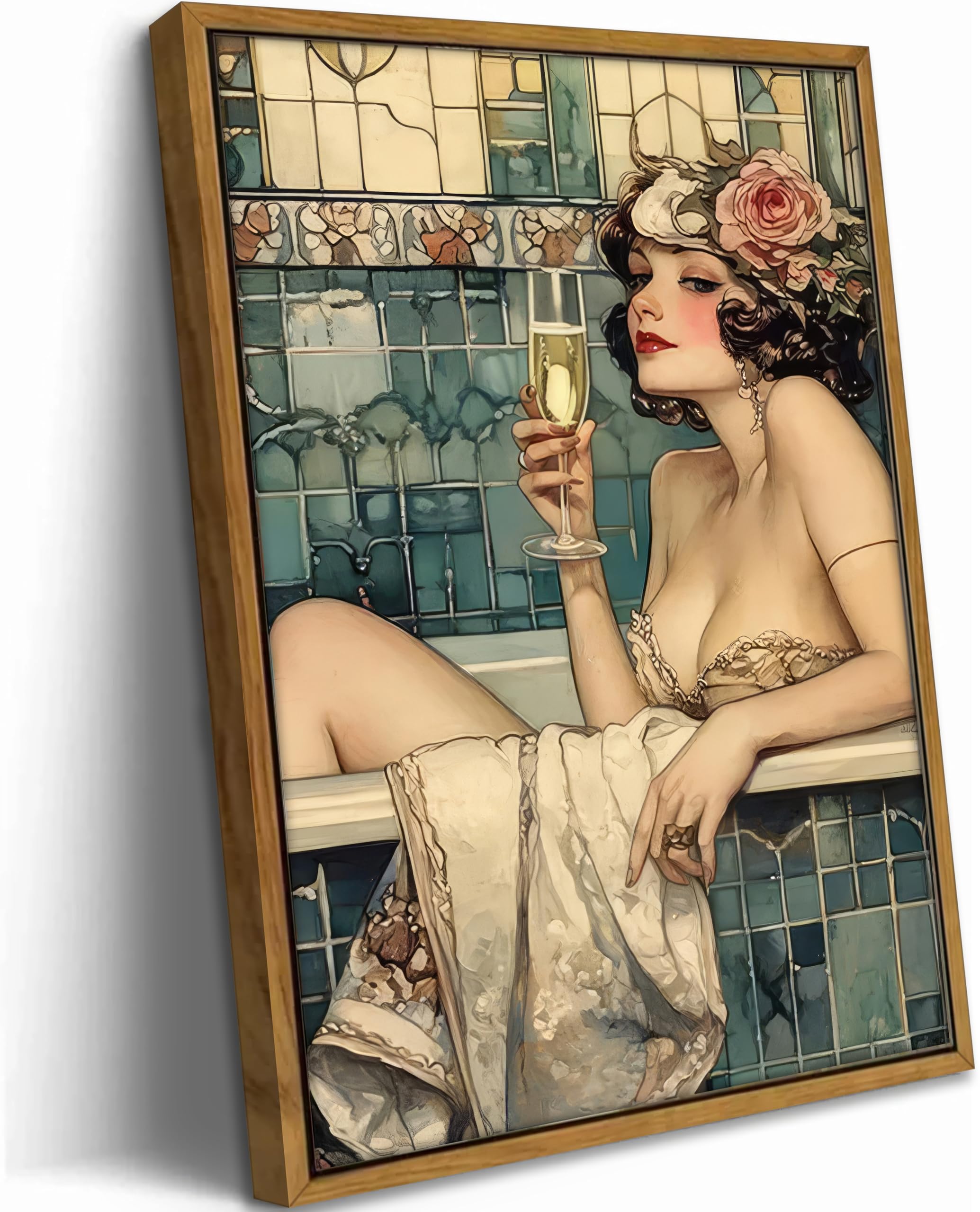 WWN Vintage Bathroom Canvas Wall Art Victorian Funky Woman in Bathtub Picture Wall Decor Trendy Champagne Bar Cart Decor Painting Poster Print for Bathroom Toilet Bar Home Decor,16x24in Wrapped Canvas