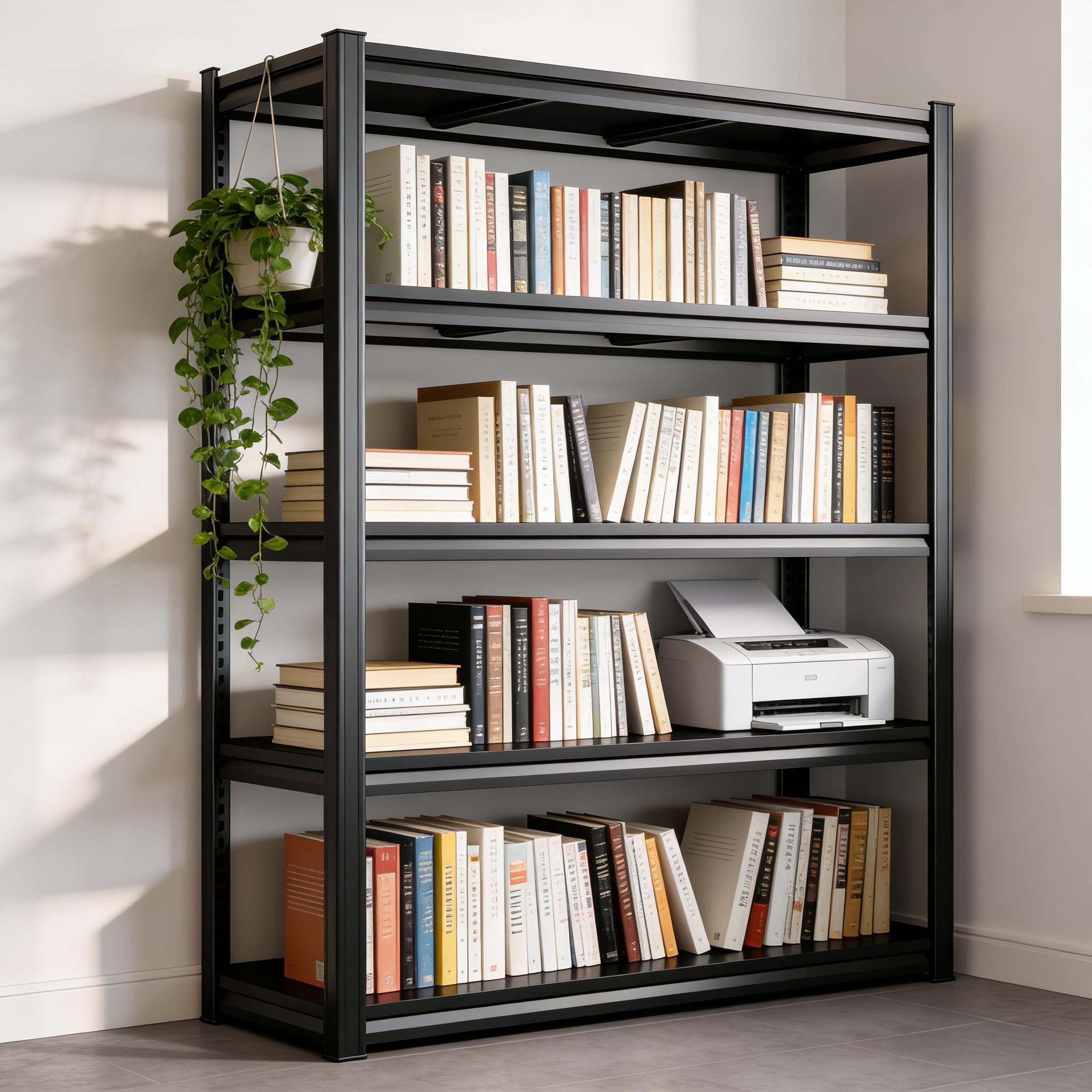 5-Tier Metal Bookshelf,Tall Book Shelf & Tall Printer Stand,36" W x 71" H Industrial Heavy Duty Metal Bookcase for Office, Home, Living Room - Adjustable Storage Rack, Easy Assembly, Black
