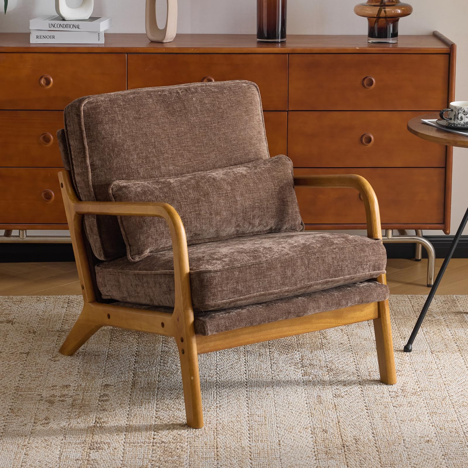 Karl home Accent Chair Mid-Century Modern Chair with Pillow Linen Fabric Upholstered Lounge Arm Chair with Solid Wood Frame & Soft Cushion for Living Room, Bedroom, Balcony, Beige