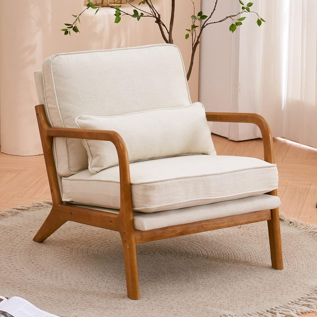 Bonnlo Set of 2 Beige Mid-Century Fabric Accent Chairs, Solid Wood Arm Lounge Chairs for Living Room Bedroom