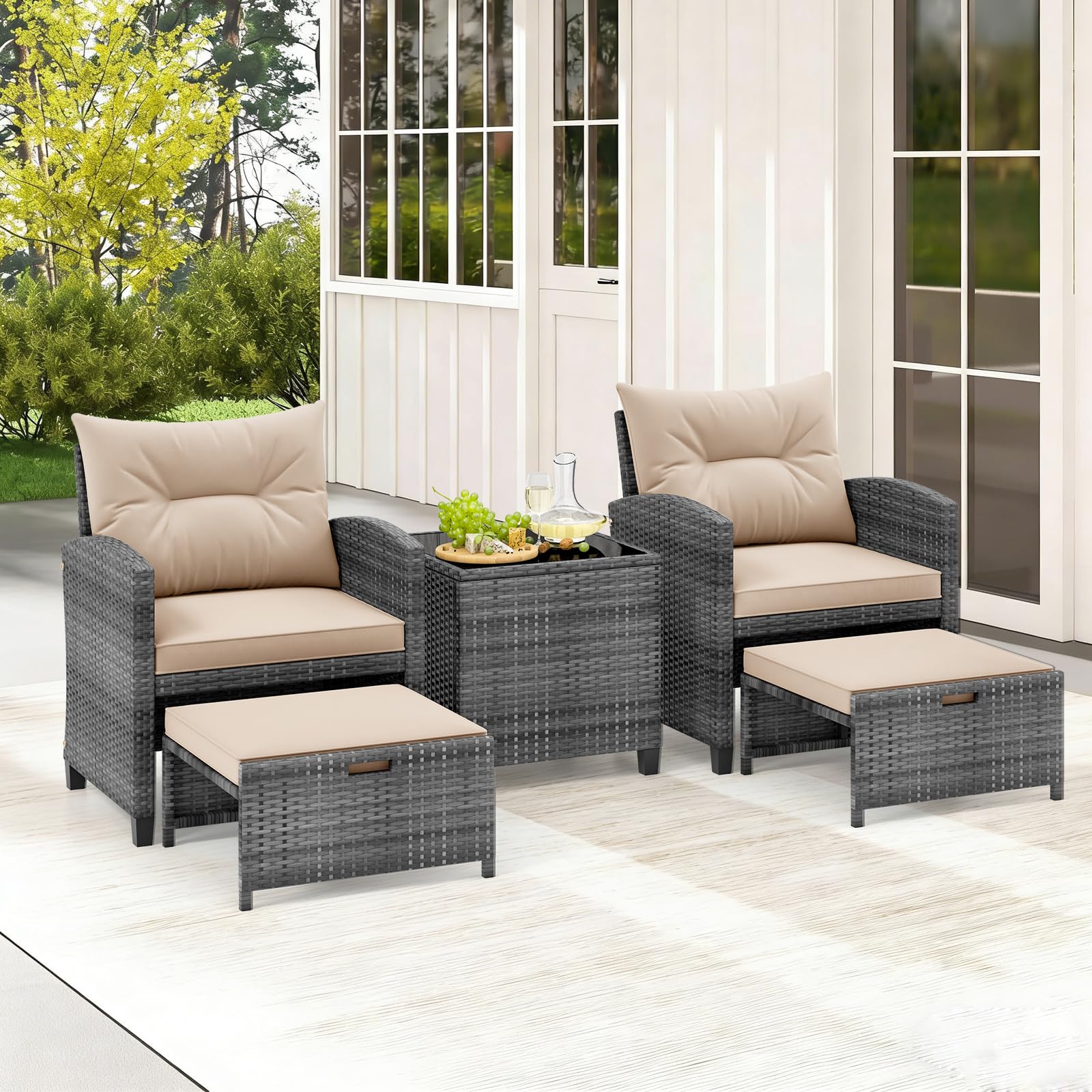 COSTWAY 5-Piece Rattan Conversation Set, Outdoor Wicker Sofa, Tempered Glass Coffee Table & Ottomans for Small Space, Boho Chic Indoor/Outdoor Furniture Set for Poolside, Backyard, Deck (Navy)
