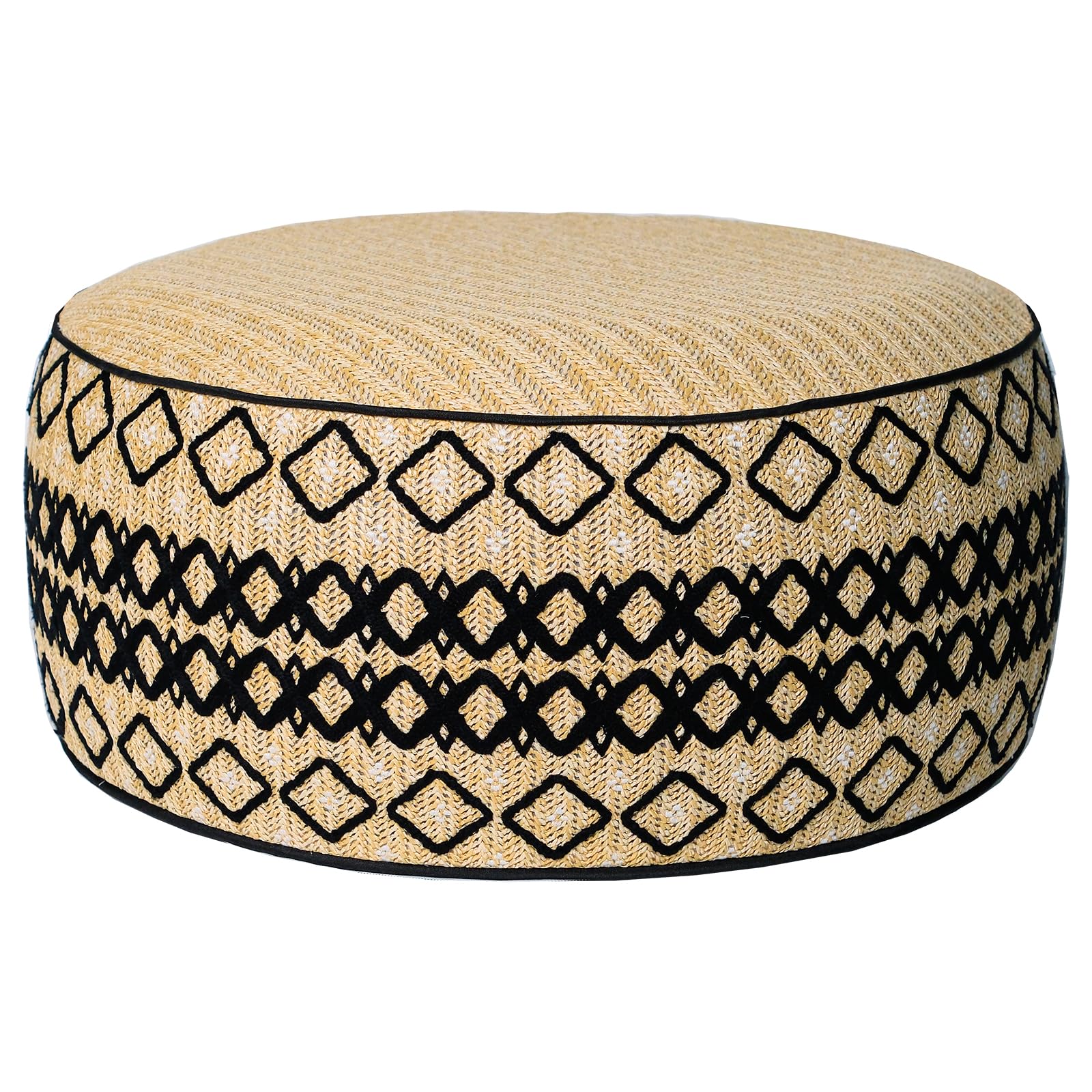 Outdoor Inflatable Ottoman with Air Pump, Embroidery Patio Footrest Stool D21”x H9”, Round Pouf Ottoman with Portable Handle Suitable for Garden, Camping, Bedroom, Living Room