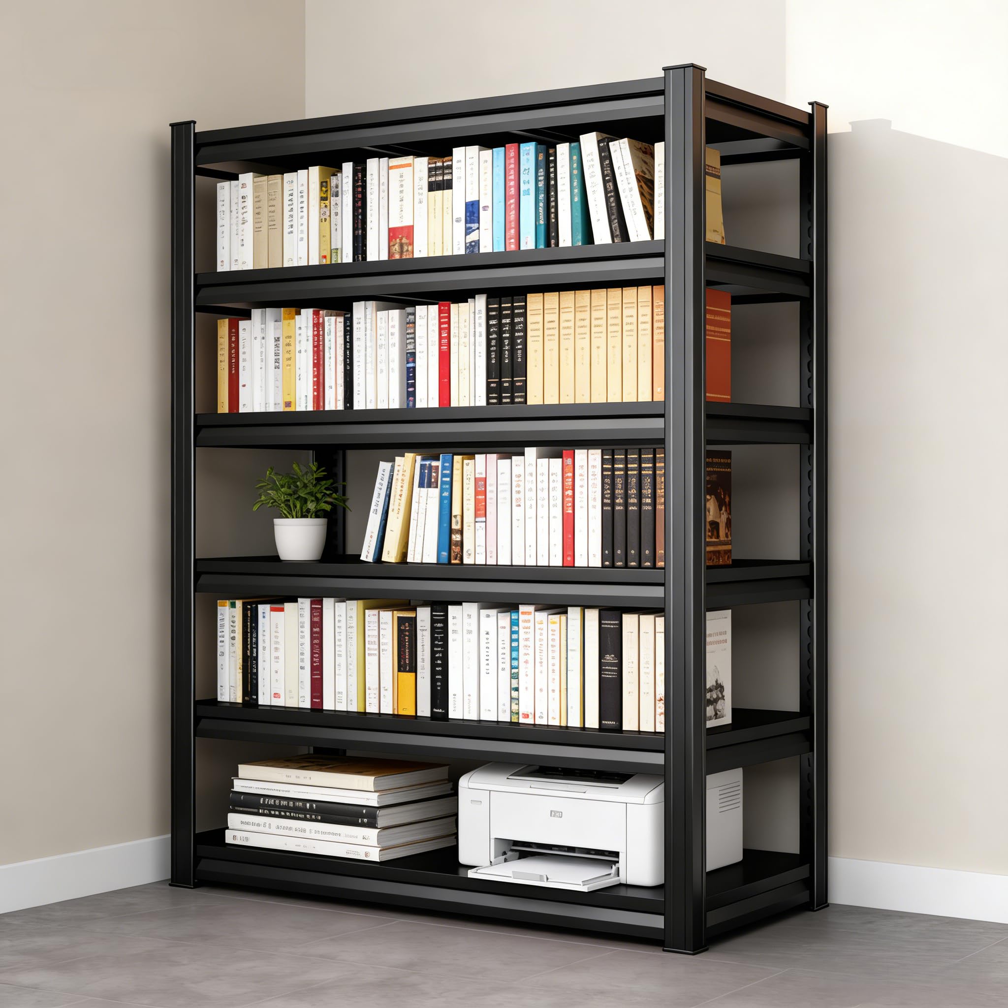 5-Tier Metal Bookshelf,Tall Book Shelf & Tall Printer Stand,36" W x 71" H Industrial Heavy Duty Metal Bookcase for Office, Home, Living Room - Adjustable Storage Rack, Easy Assembly, Black