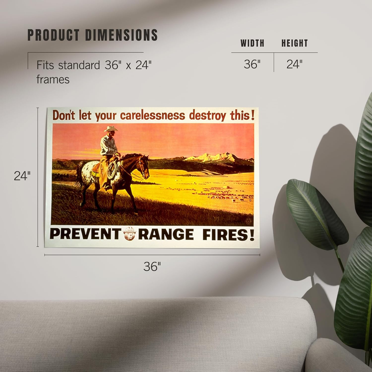 Lantern Press 24x36 Inch Giclee Art Print Wall Decor, Smokey Bear, Prevent Range Fires, Vintage Poster