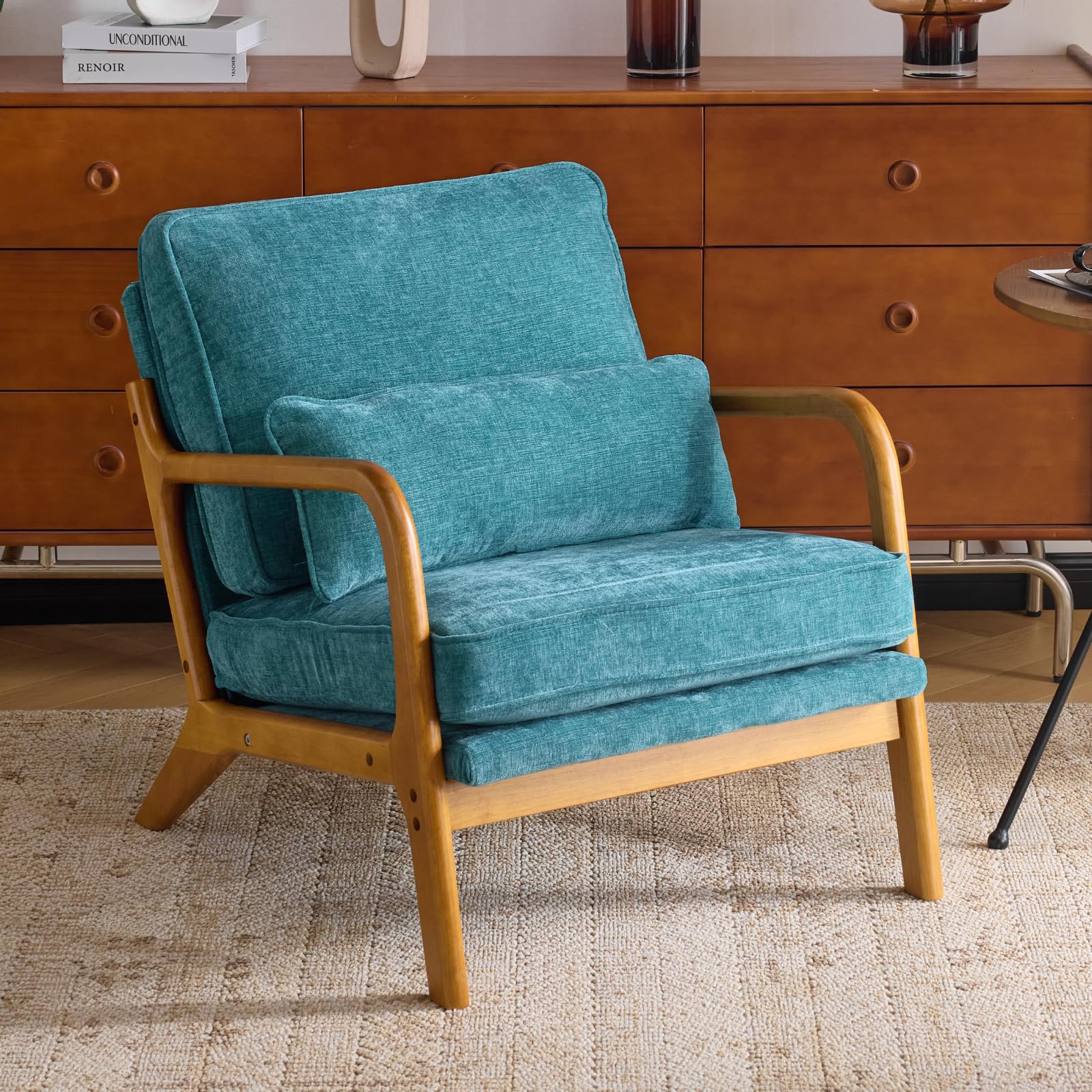 Karl home Accent Chair Mid-Century Modern Chair with Pillow Linen Fabric Upholstered Lounge Arm Chair with Solid Wood Frame & Soft Cushion for Living Room, Bedroom, Balcony, Beige