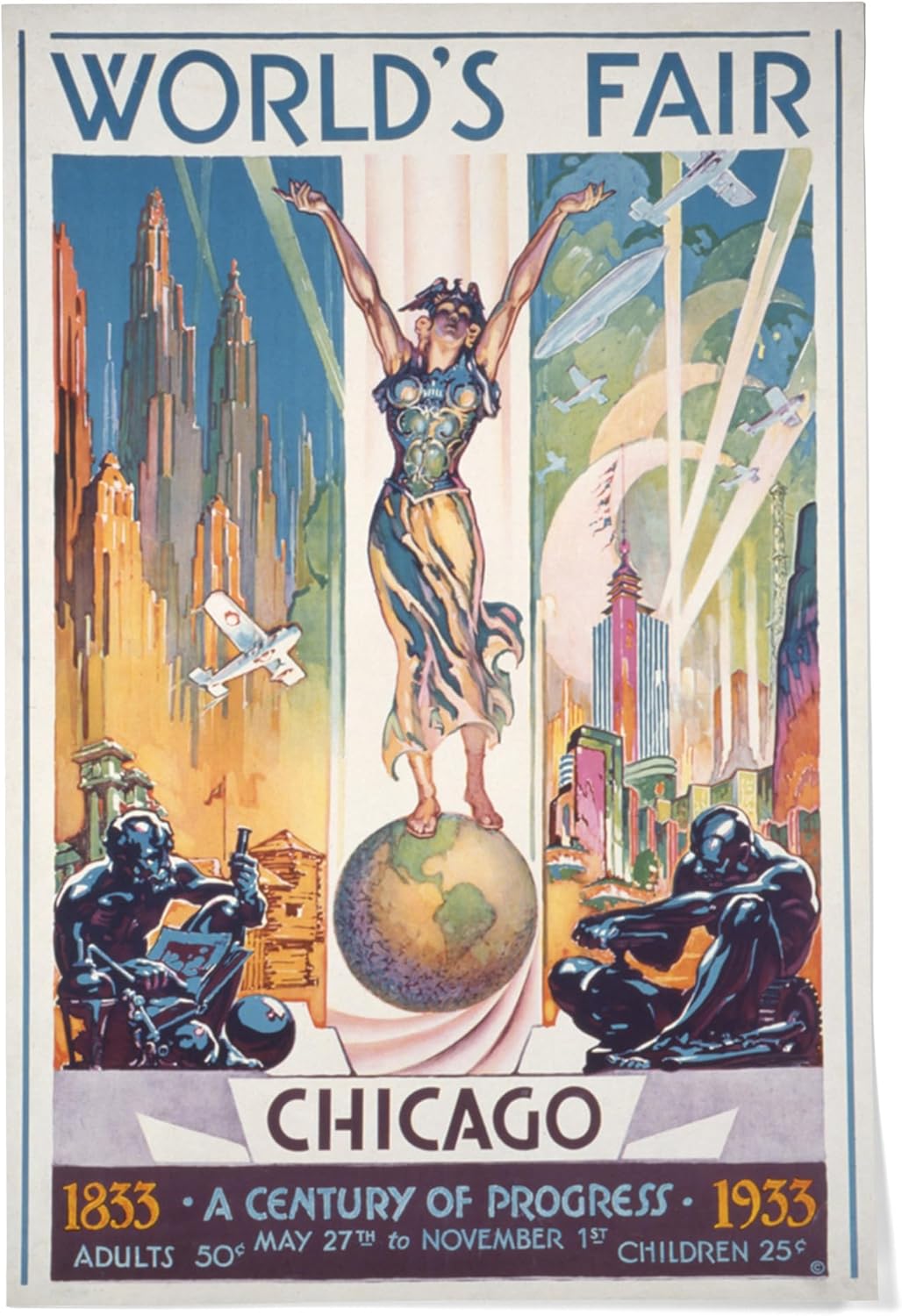 Lantern Press 24x36 Inch Giclee Art Print Wall Decor, Chicago World's Fair Poster, Woman on Globe, Vintage Advertisement